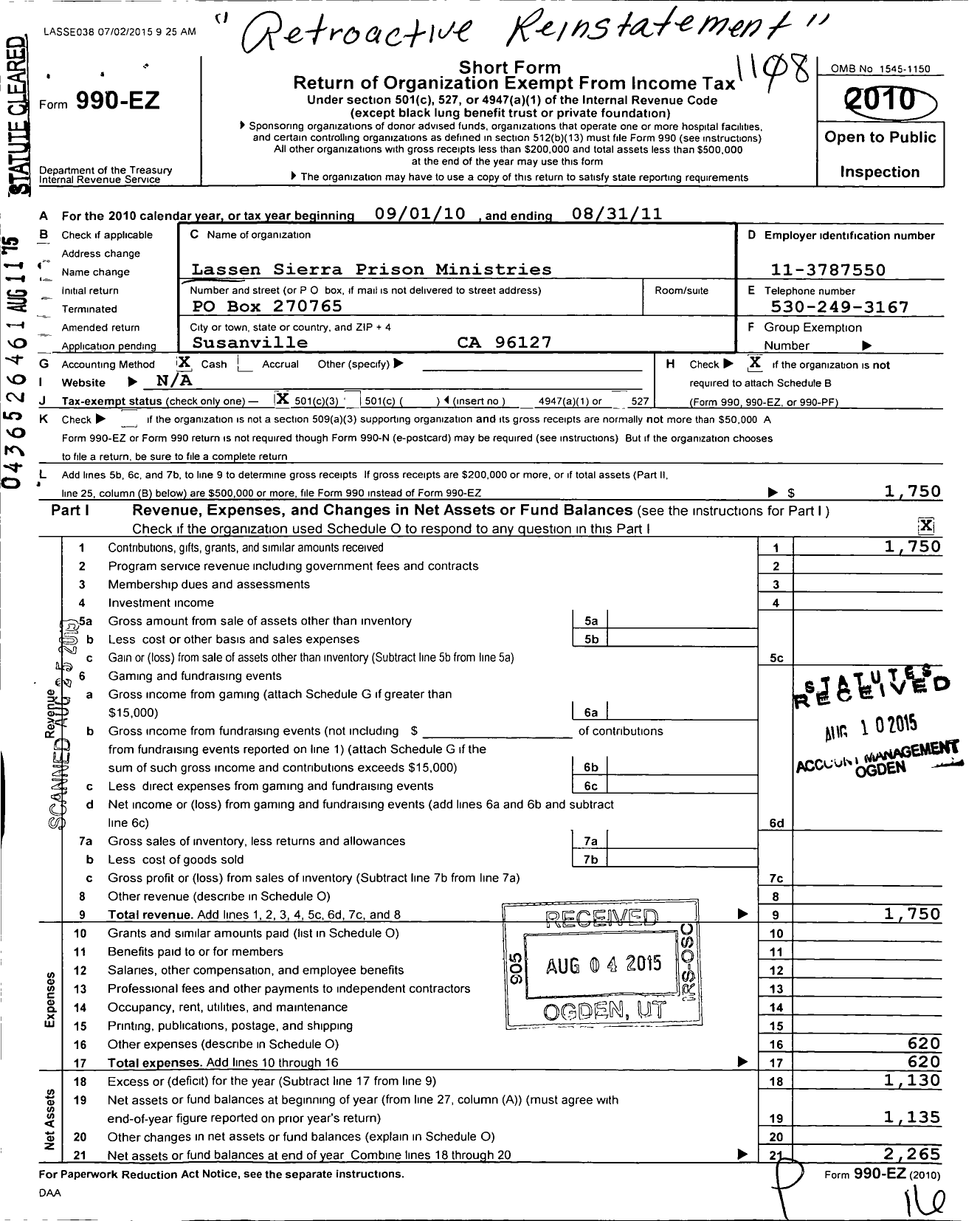 Image of first page of 2010 Form 990EZ for Lassen Sierra Prison Ministries