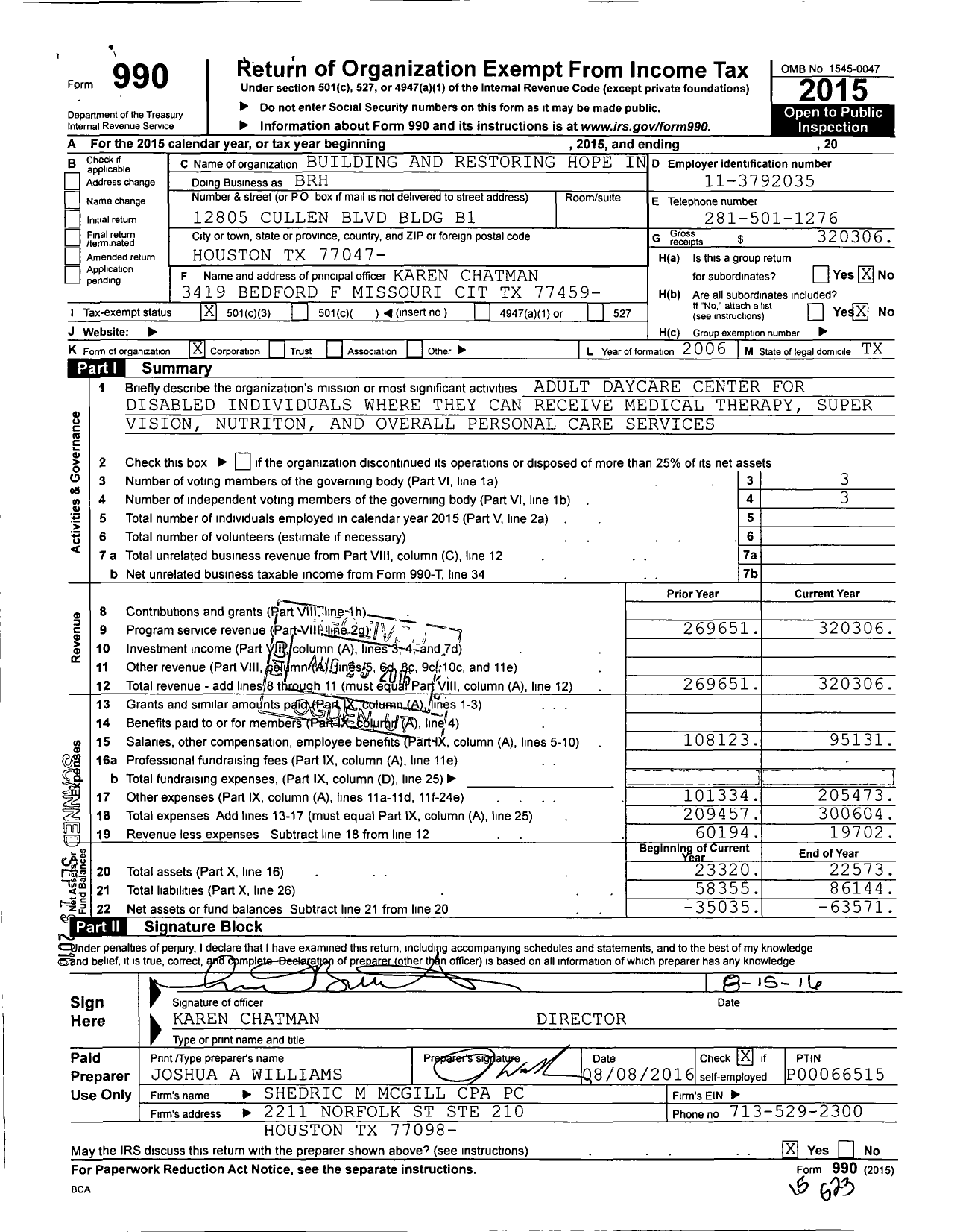 Image of first page of 2015 Form 990 for Building and Restoring Hope Incorporated