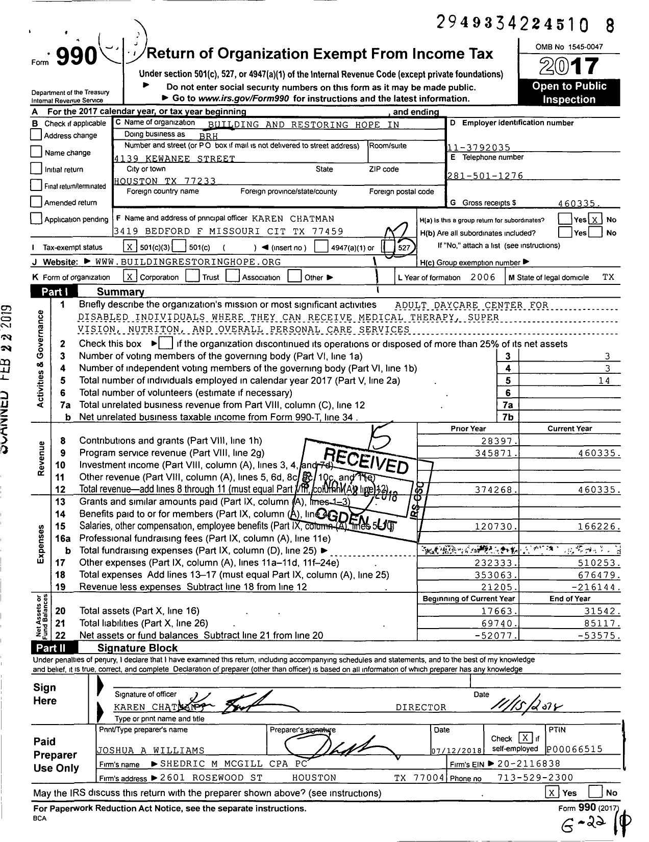 Image of first page of 2017 Form 990 for Building and Restoring Hope Incorporated