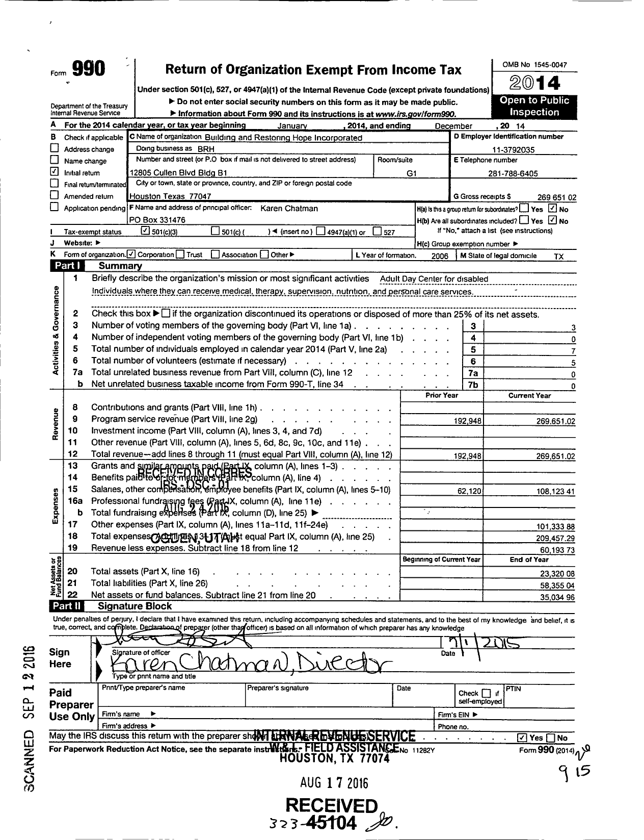 Image of first page of 2014 Form 990 for Building and Restoring Hope Incorporated