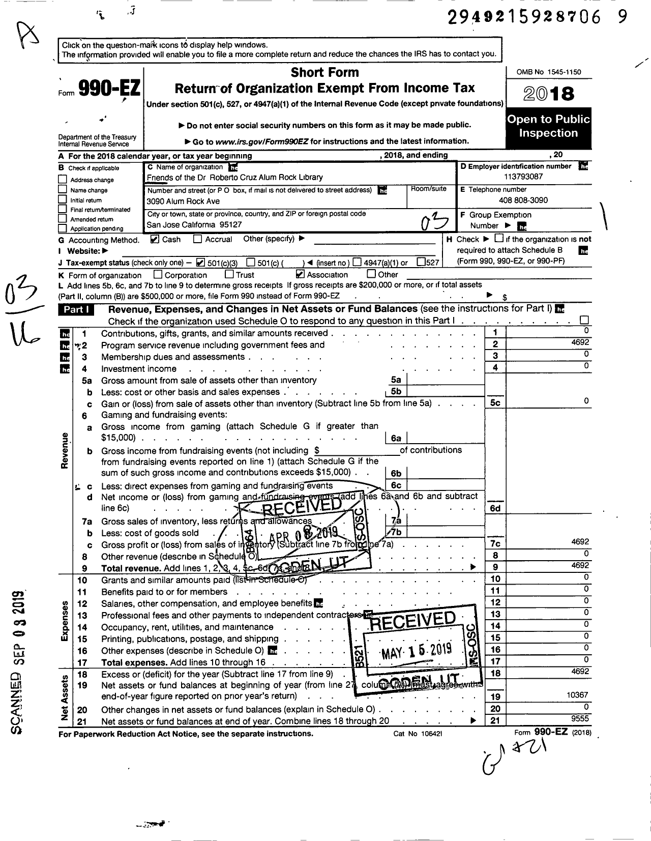 Image of first page of 2018 Form 990EZ for Friends of the Roberto Cruz Alum Rock Library