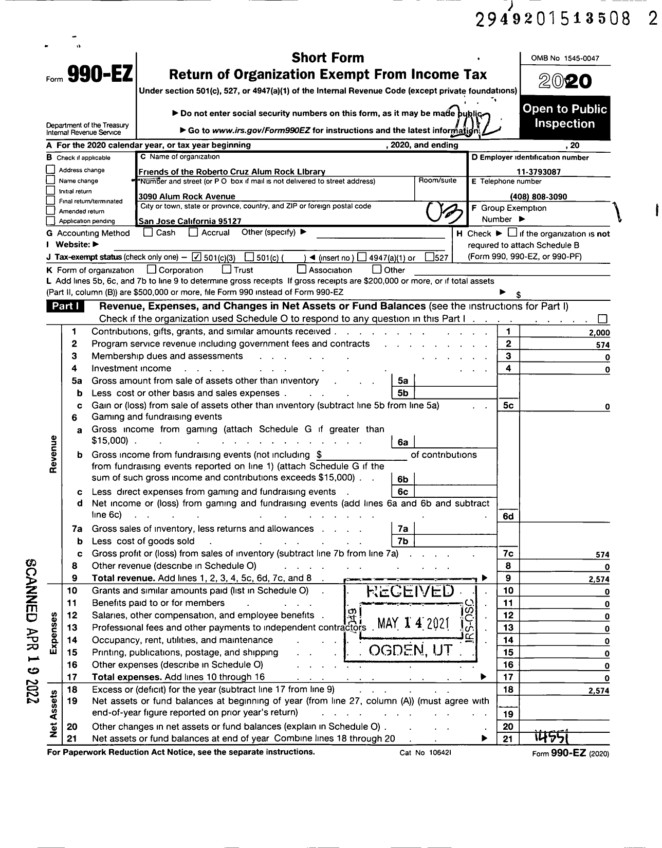 Image of first page of 2020 Form 990EZ for Friends of the Roberto Cruz Alum Rock Library