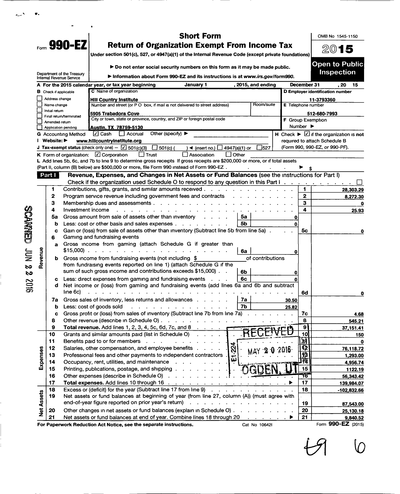 Image of first page of 2015 Form 990EZ for Hill Country Institute for Contemporary Christianity