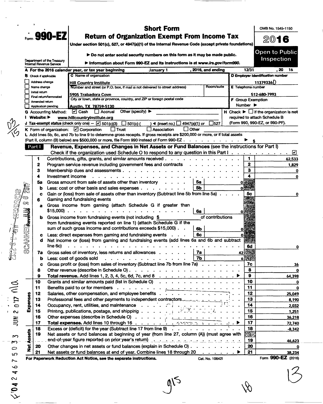 Image of first page of 2016 Form 990EZ for Hill Country Institute for Contemporary Christianity