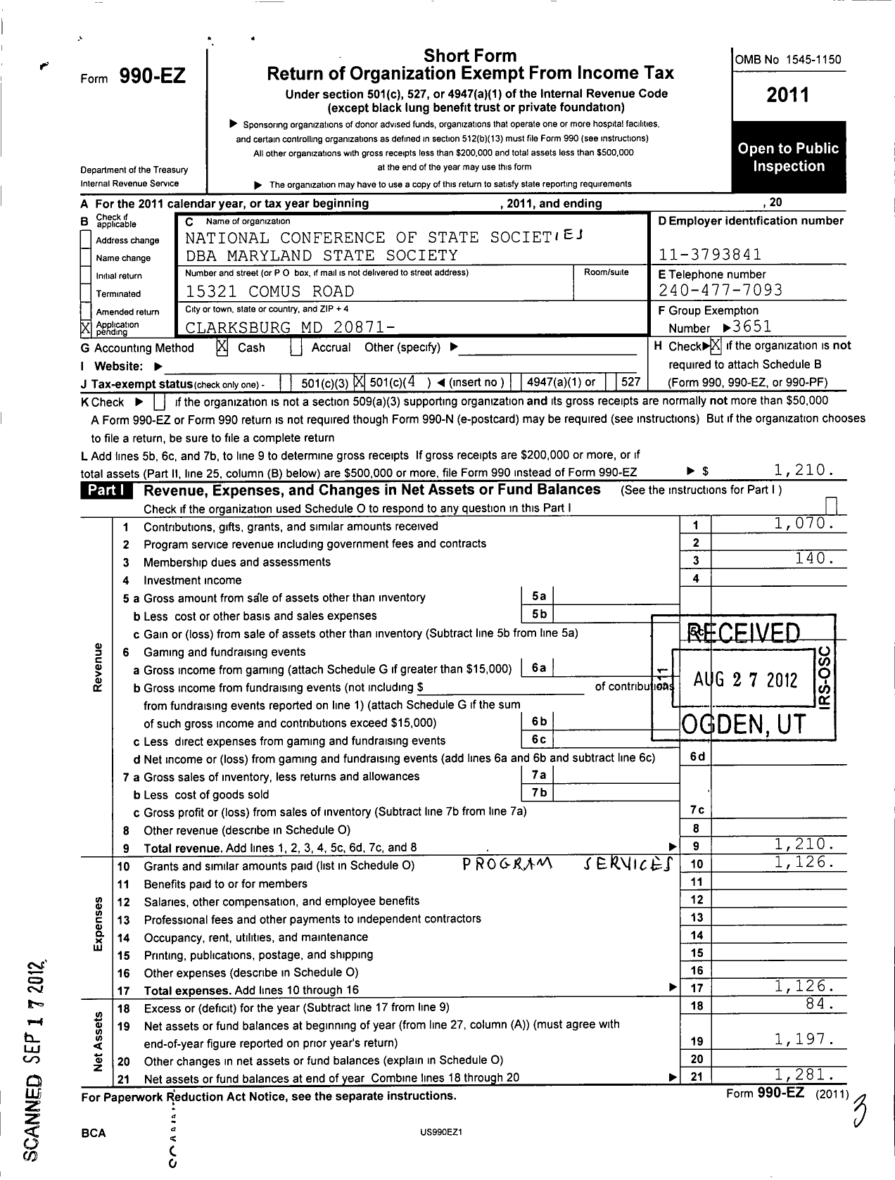 Image of first page of 2011 Form 990EO for National Conference of State Societies Washington District of C / Maryland State Societ