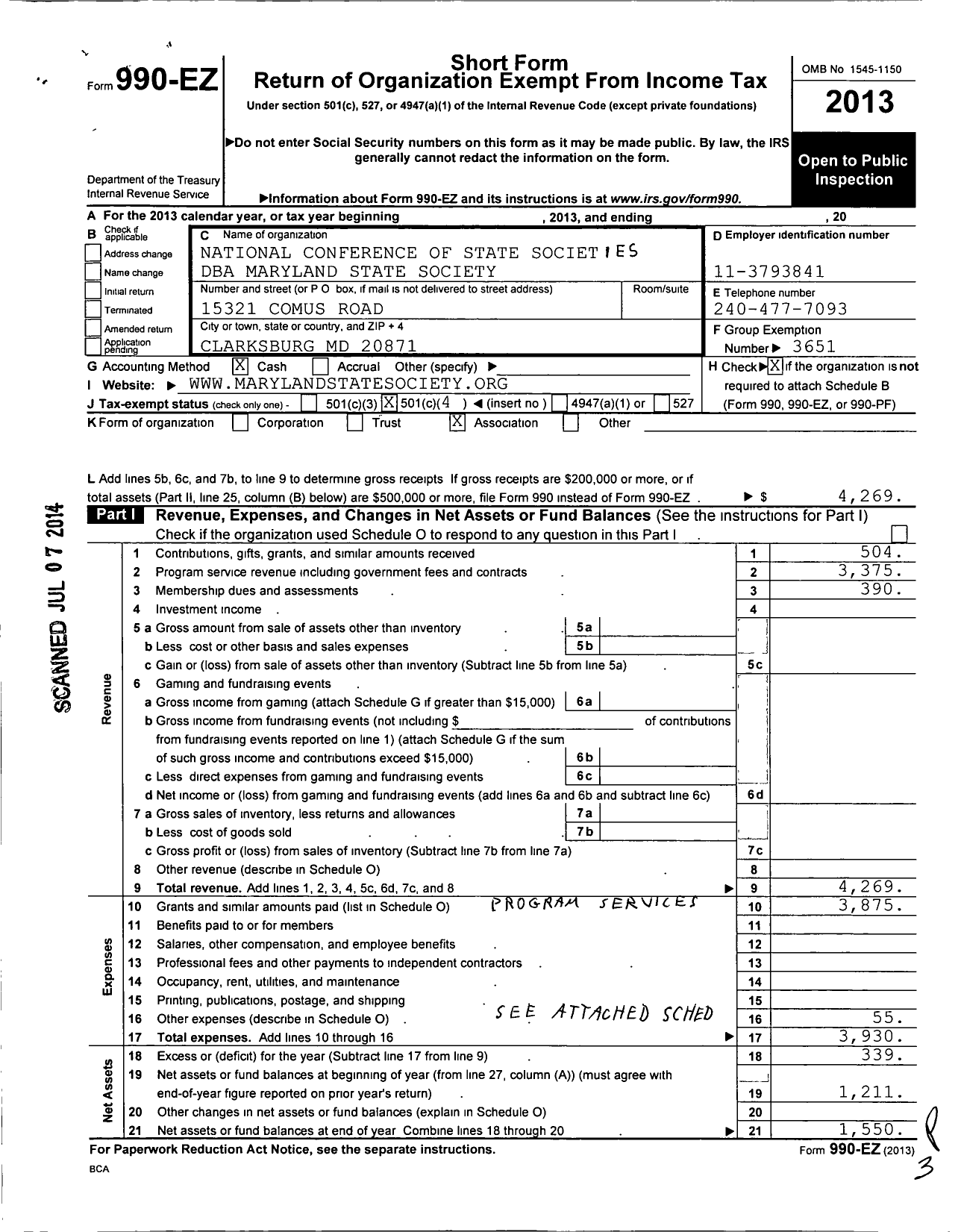 Image of first page of 2013 Form 990EO for National Conference of State Societies Washington District of C / Maryland State Societ