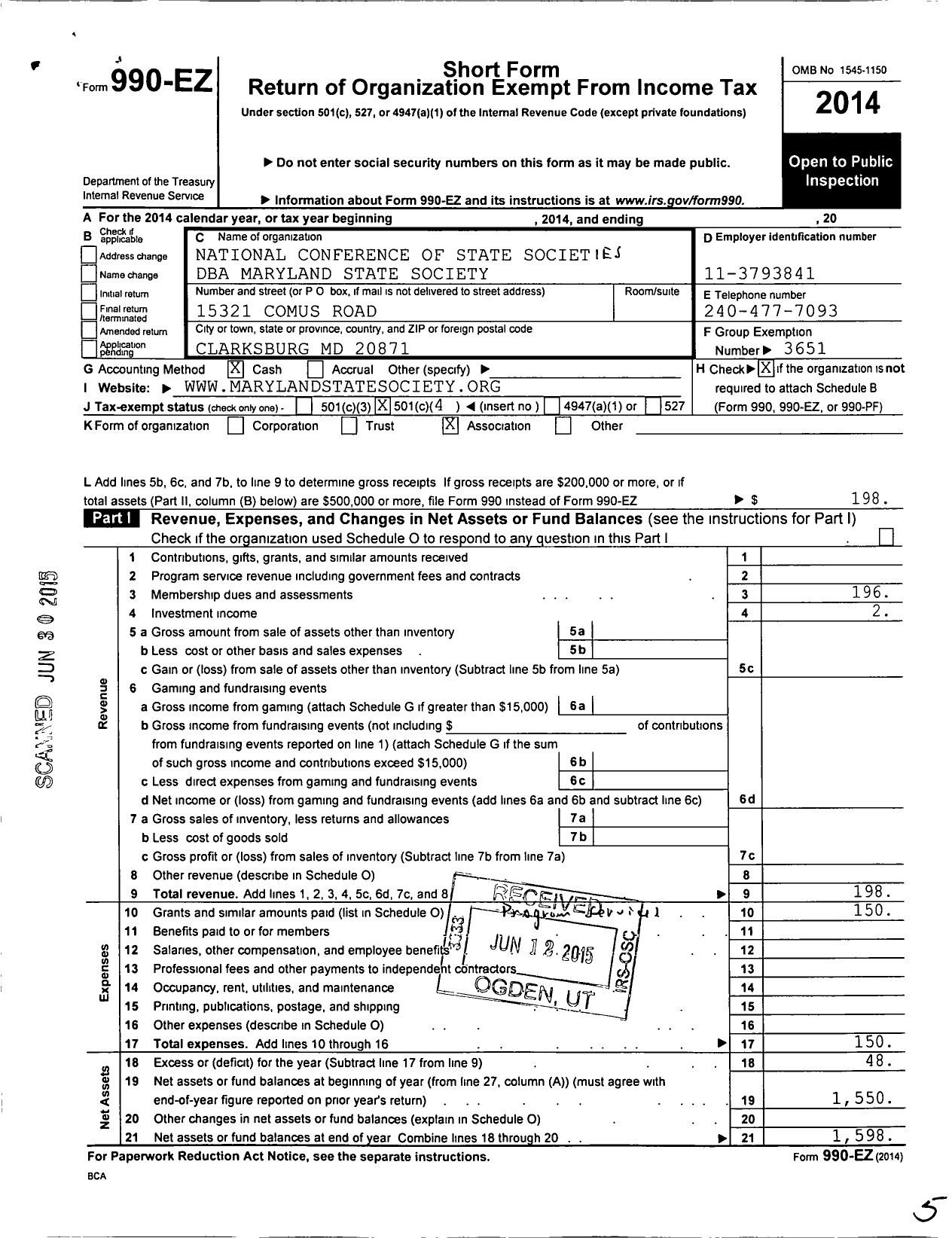 Image of first page of 2014 Form 990EO for National Conference of State Societies Washington District of C / Maryland State Societ