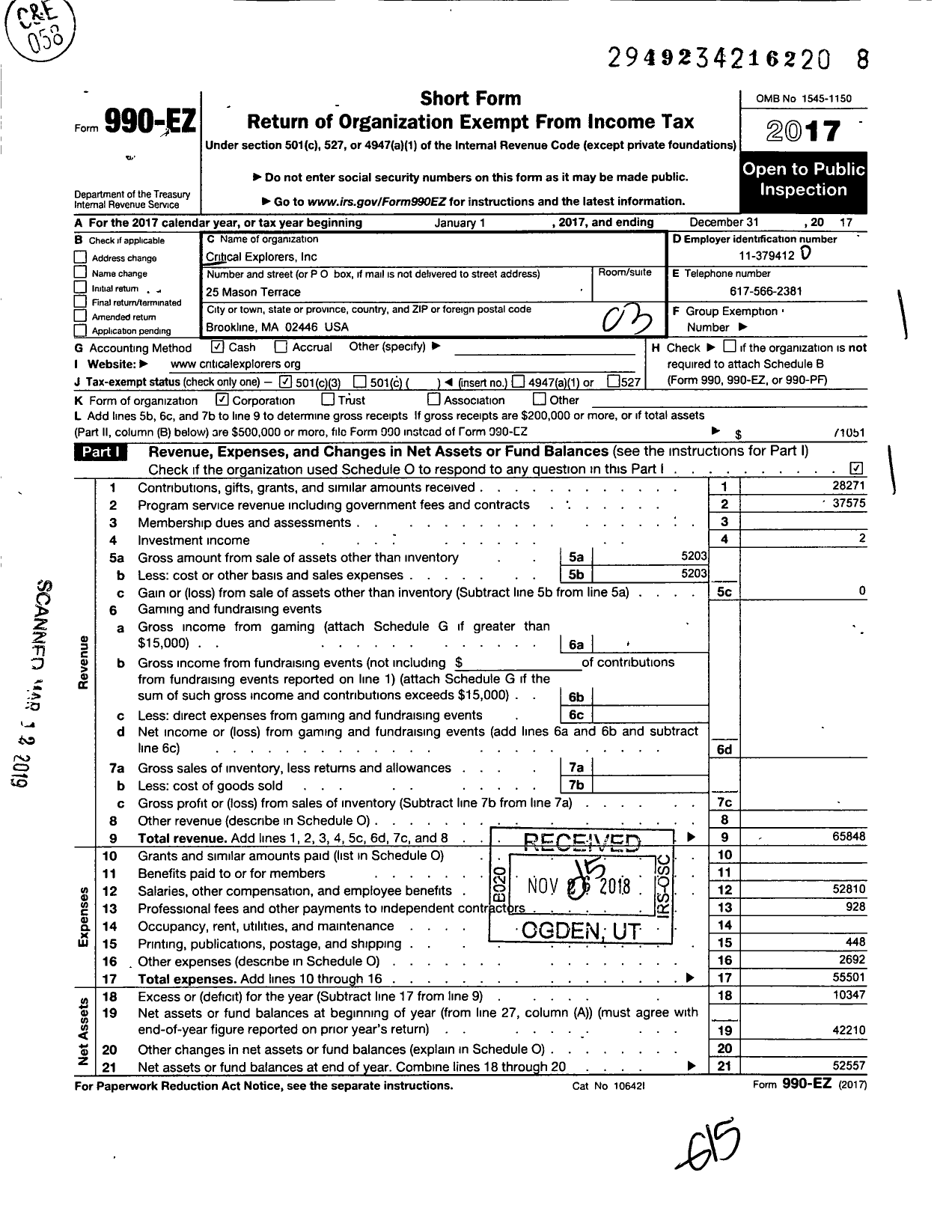 Image of first page of 2017 Form 990EZ for Critical Explorers