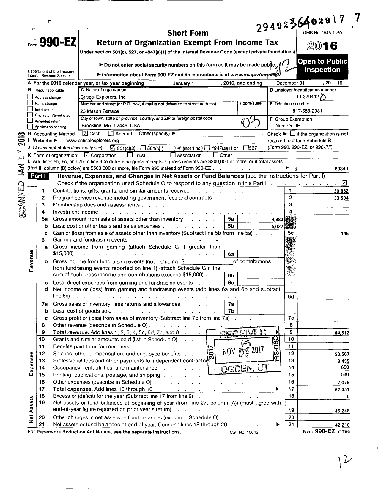 Image of first page of 2016 Form 990EZ for Critical Explorers