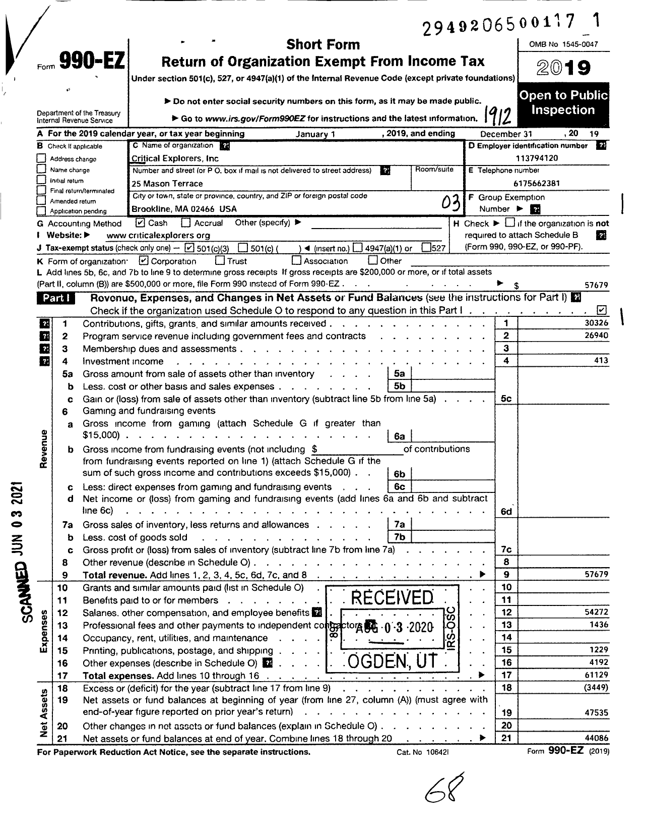 Image of first page of 2019 Form 990EZ for Critical Explorers