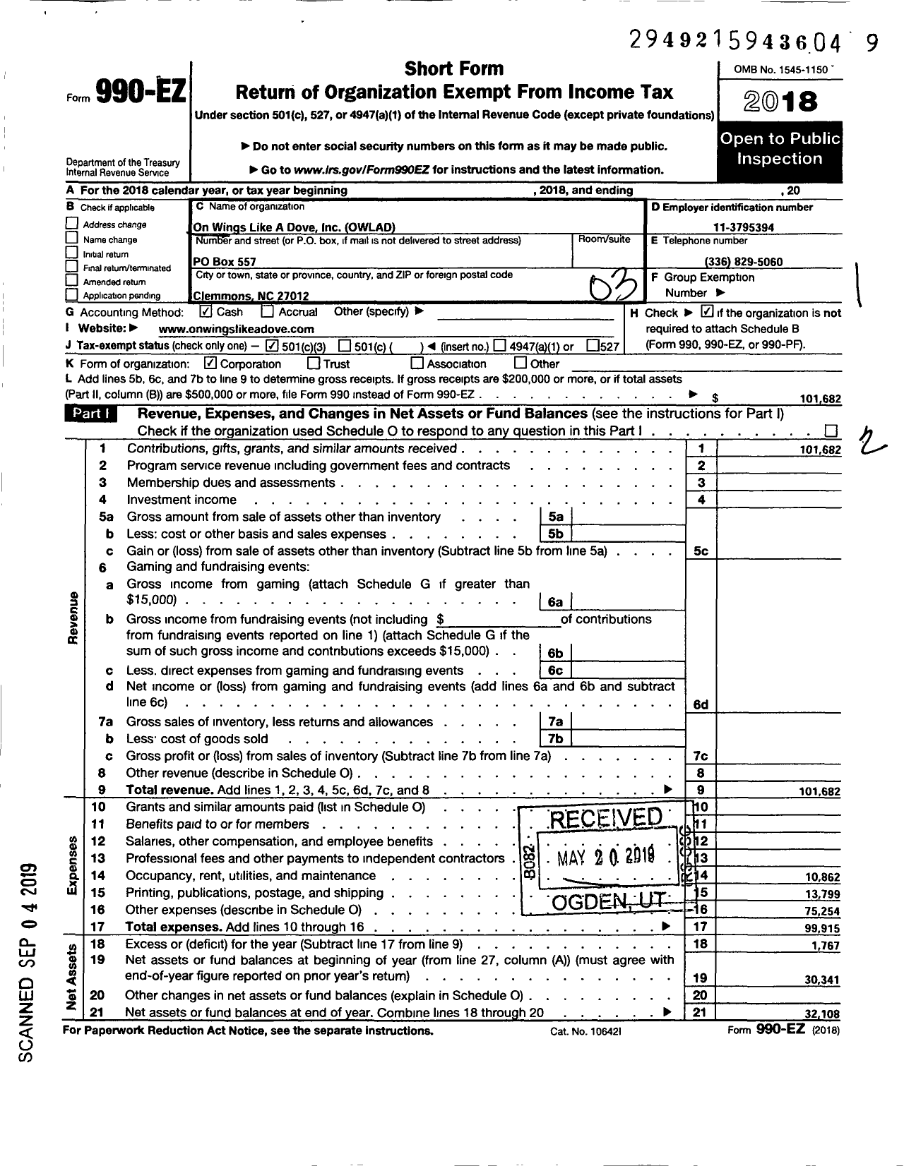 Image of first page of 2018 Form 990EZ for On Wings Like A Dove