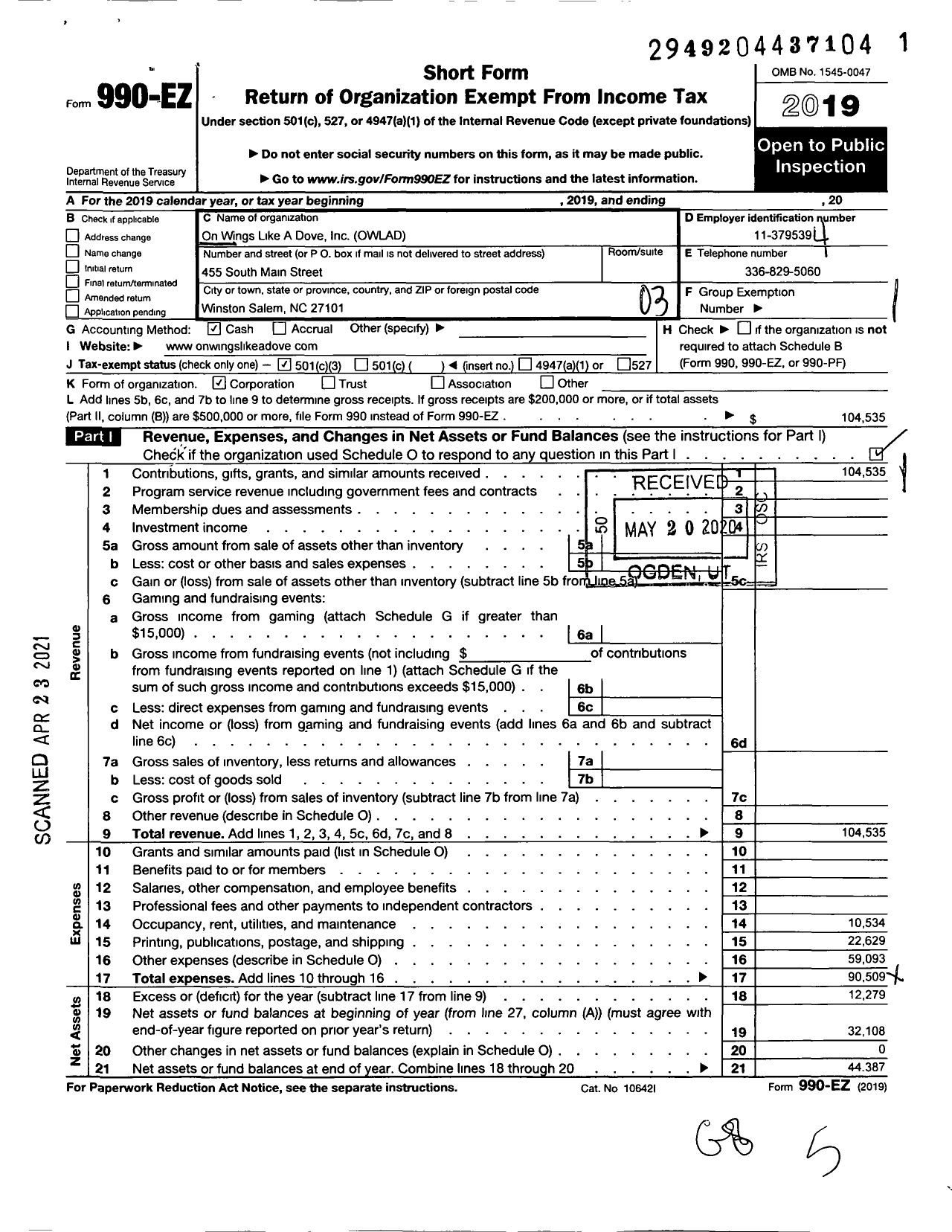 Image of first page of 2019 Form 990EZ for On Wings Like A Dove