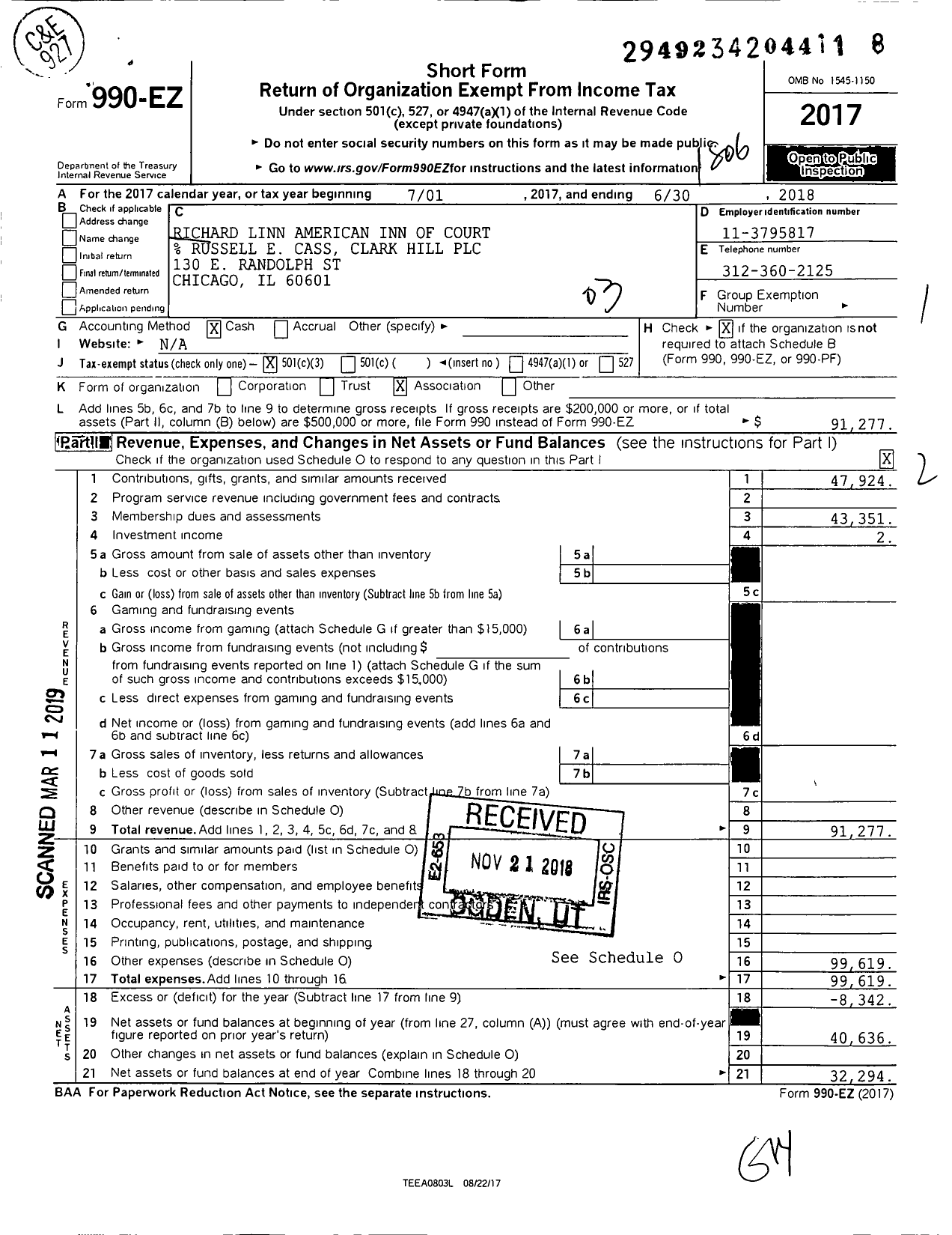 Image of first page of 2017 Form 990EZ for American Inns of Court Foundation - 30394 Richard Linn Chapter