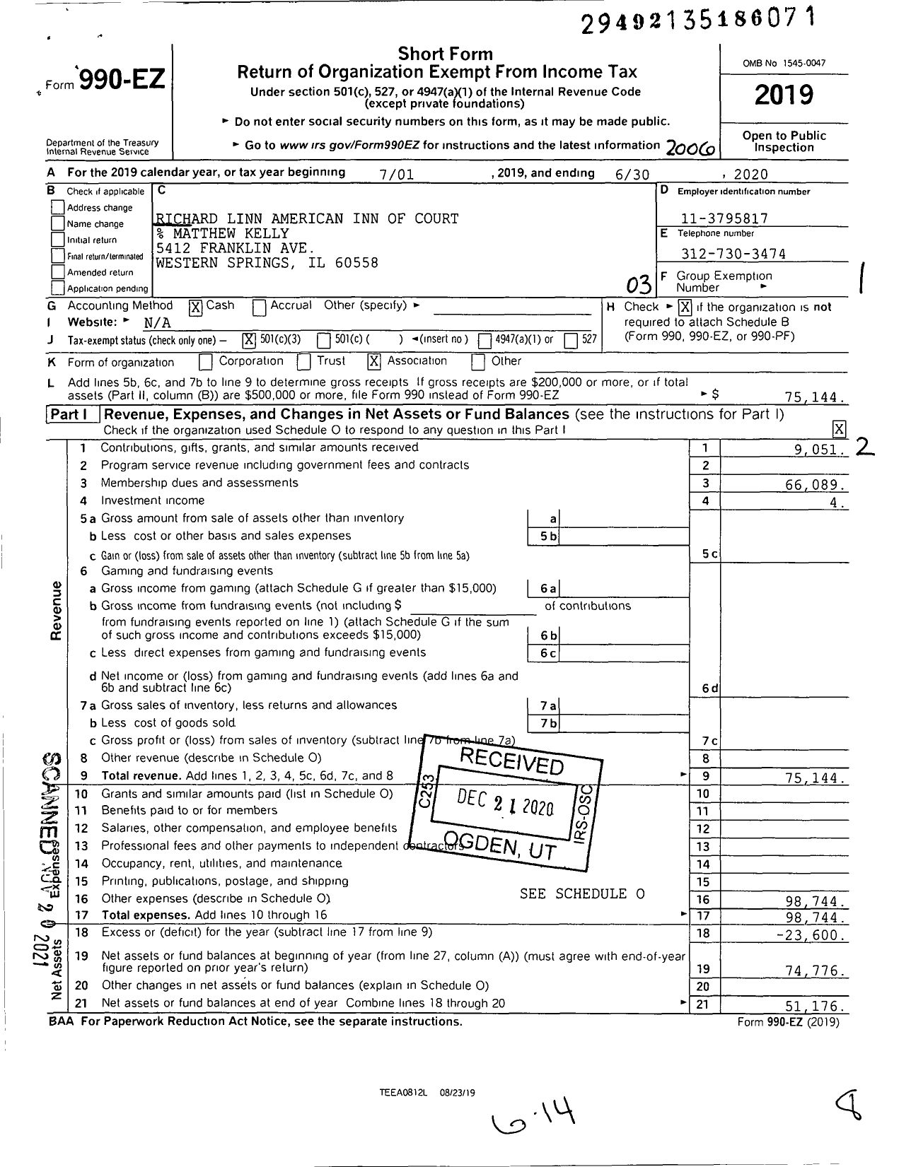 Image of first page of 2019 Form 990EZ for American Inns of Court Foundation - 30394 Richard Linn Chapter