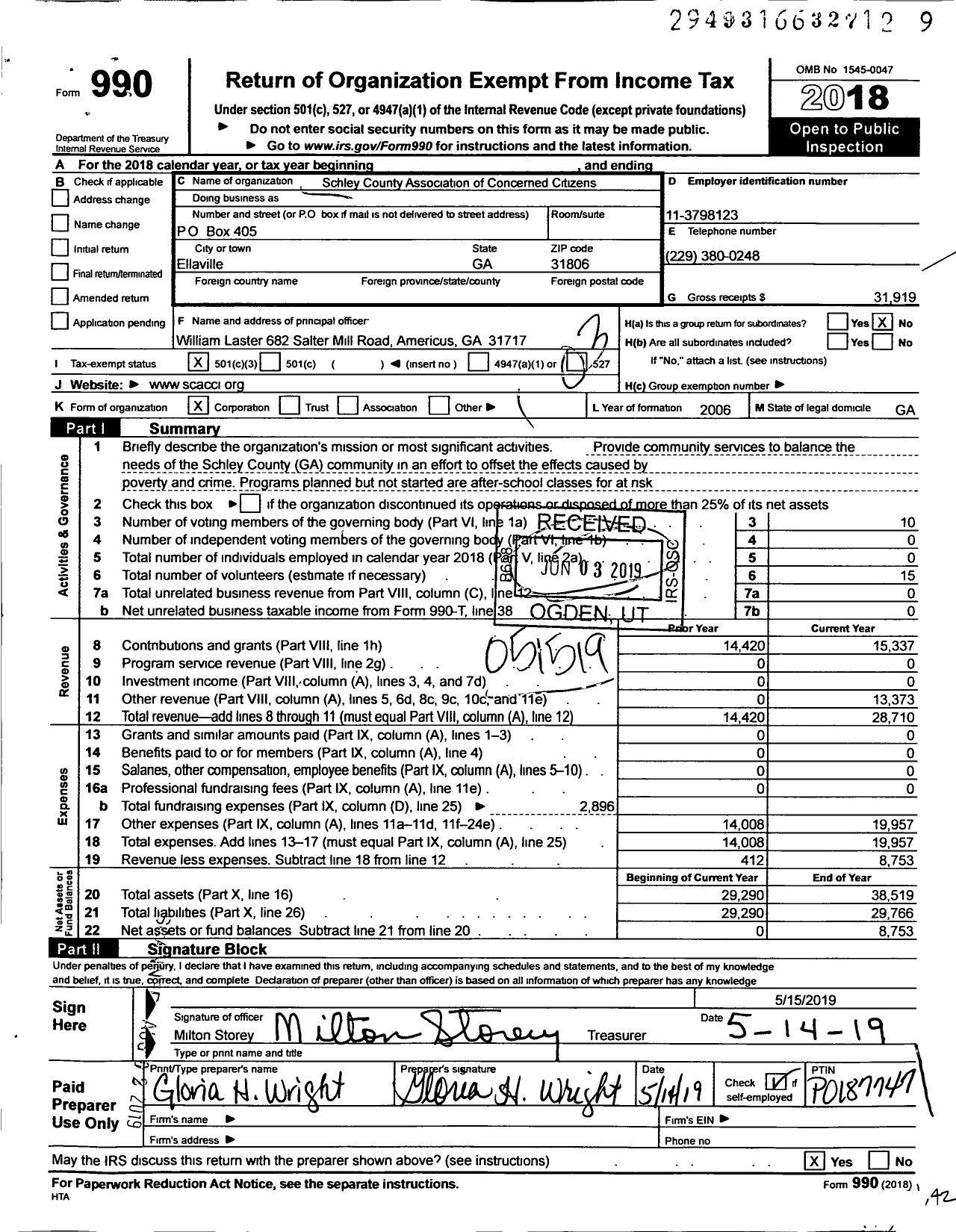 Image of first page of 2018 Form 990 for Schley County Association of Concerned Citizens