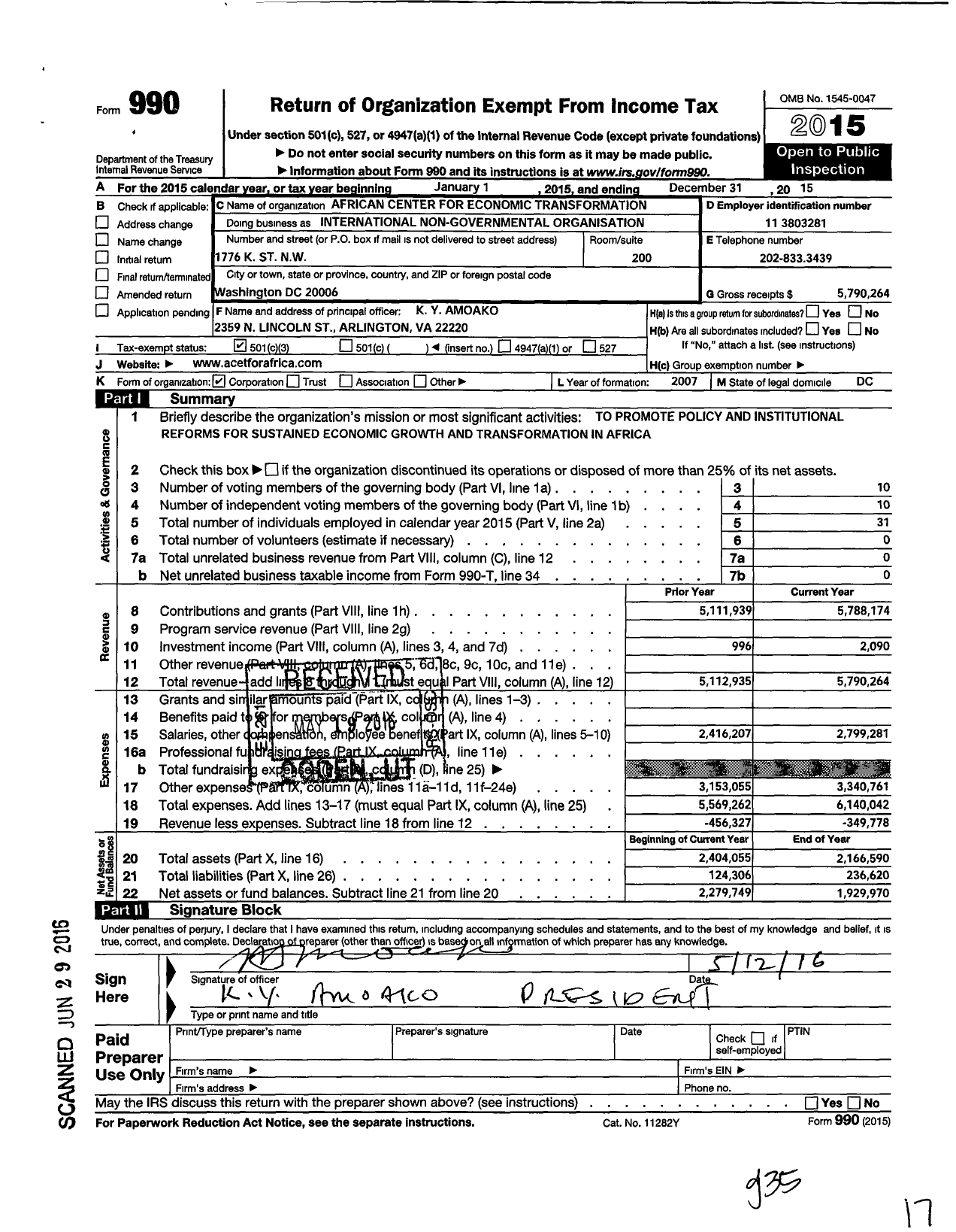 Image of first page of 2015 Form 990 for African Center for Economic Transformation