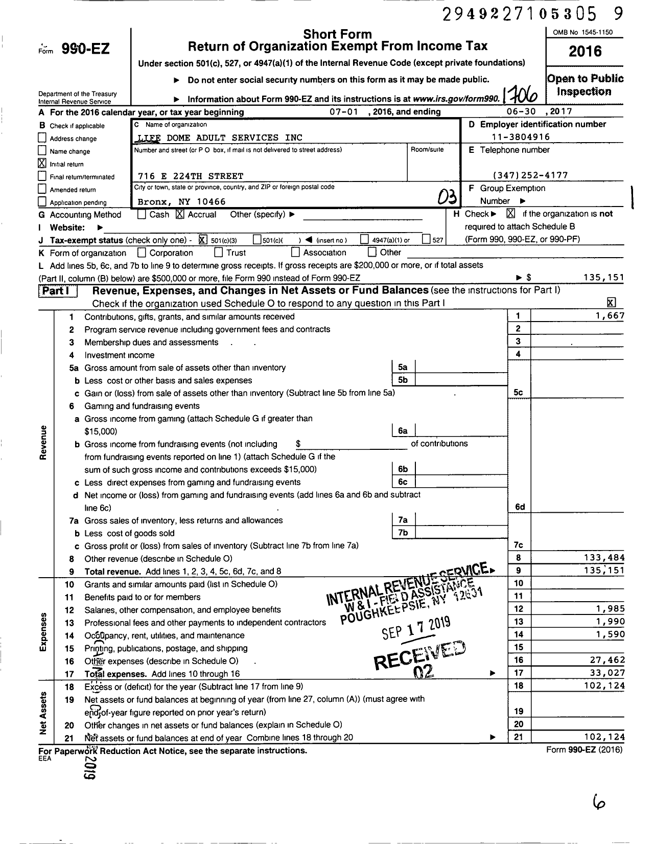 Image of first page of 2016 Form 990EZ for Life Dome Adult Services