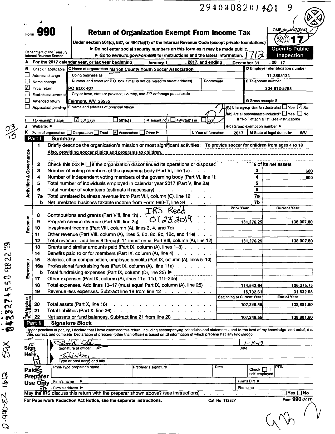 Image of first page of 2017 Form 990 for Marion County Youth Soccer Association