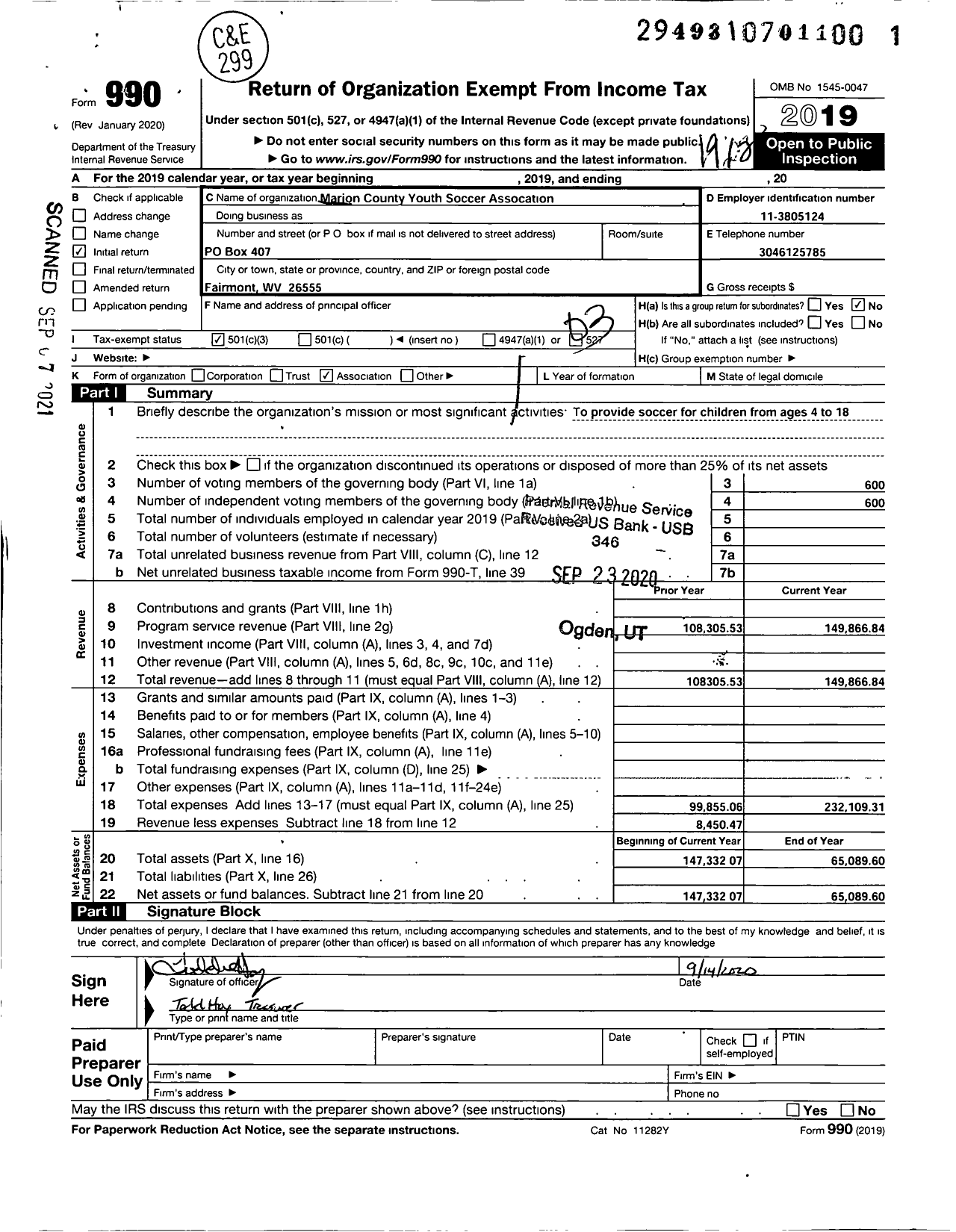 Image of first page of 2019 Form 990 for Marion County Youth Soccer Association