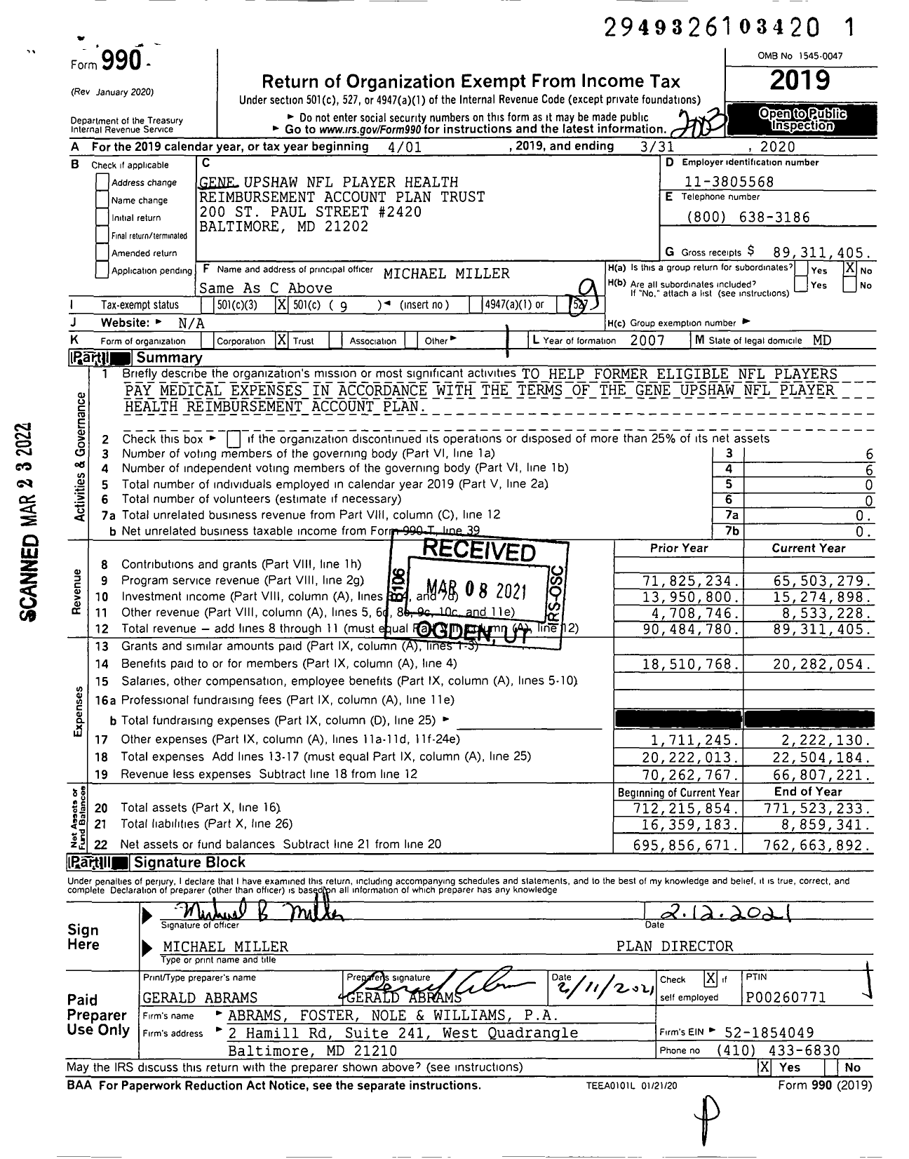 Image of first page of 2019 Form 990O for Gene Upshaw NFL Player Health Reimbursement Account Plan Trust