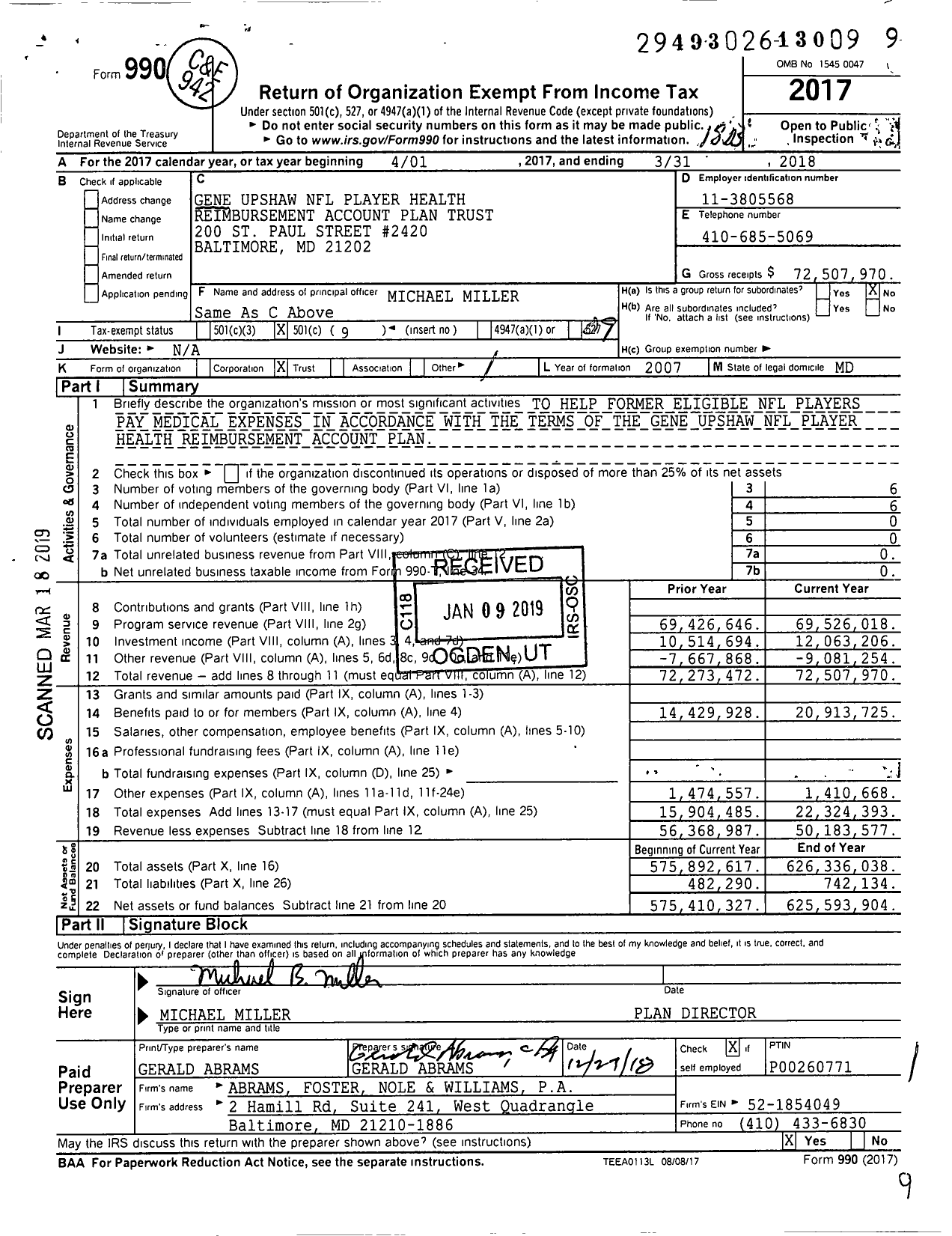Image of first page of 2017 Form 990O for Gene Upshaw NFL Player Health Reimbursement Account Plan Trust