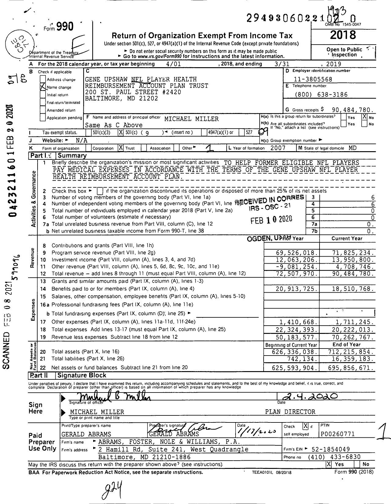 Image of first page of 2018 Form 990O for Gene Upshaw NFL Player Health Reimbursement Account Plan Trust