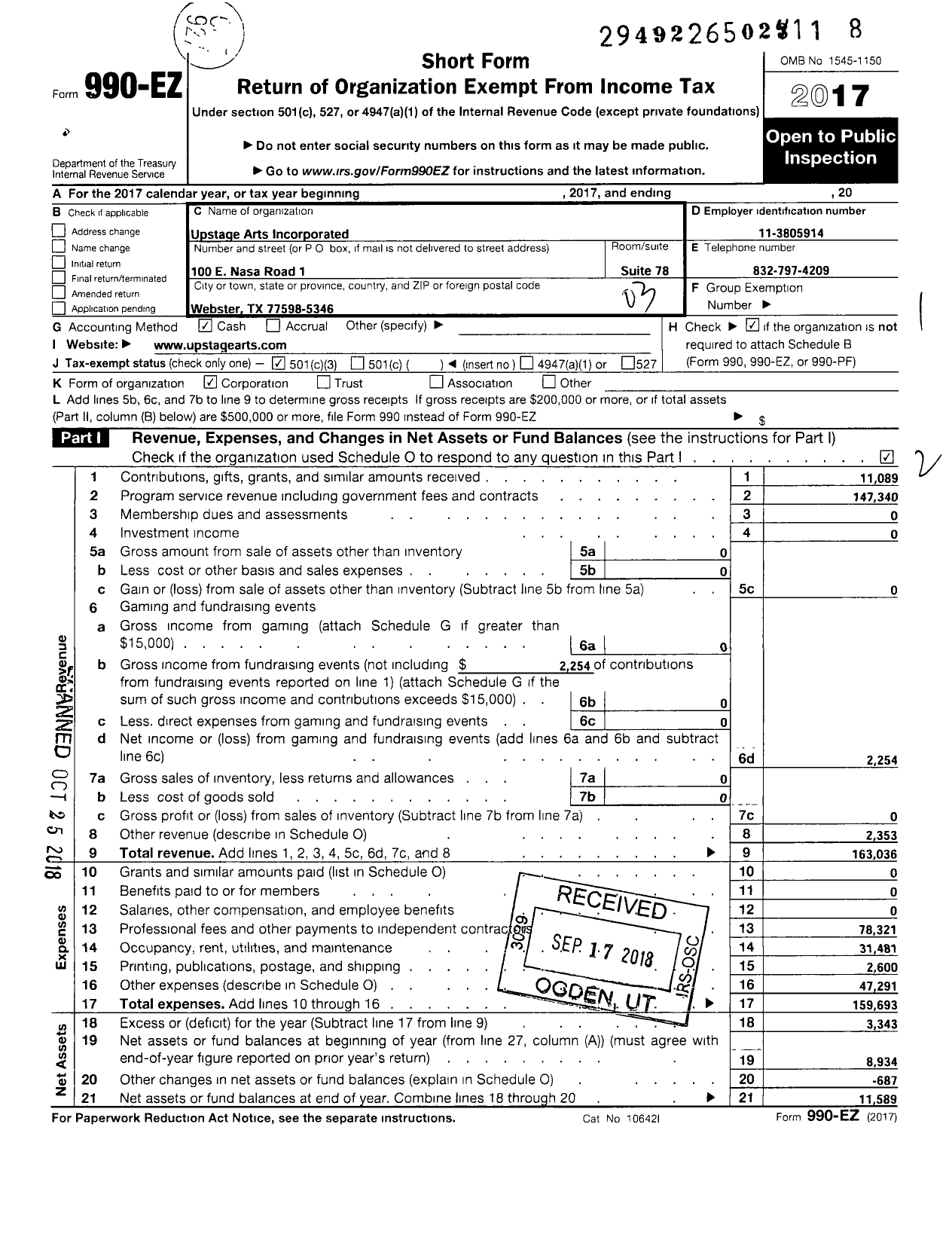 Image of first page of 2017 Form 990EZ for Upstage Arts Incorporated