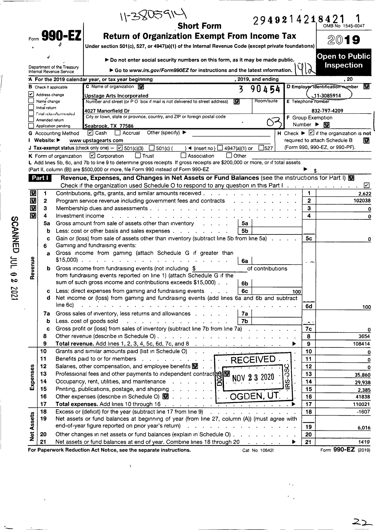 Image of first page of 2019 Form 990EZ for Upstage Arts Incorporated