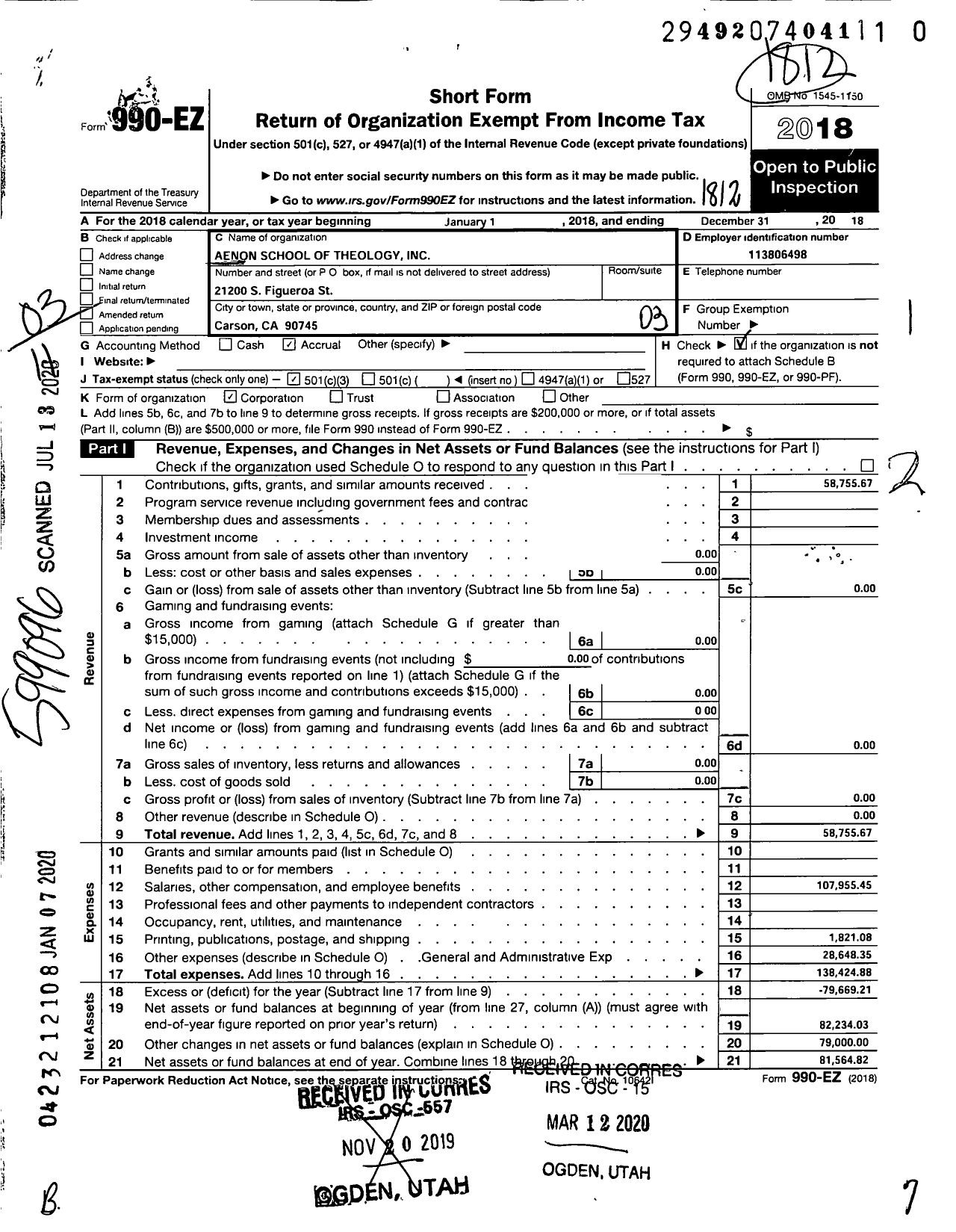 Image of first page of 2018 Form 990EZ for Aenon School of Theology