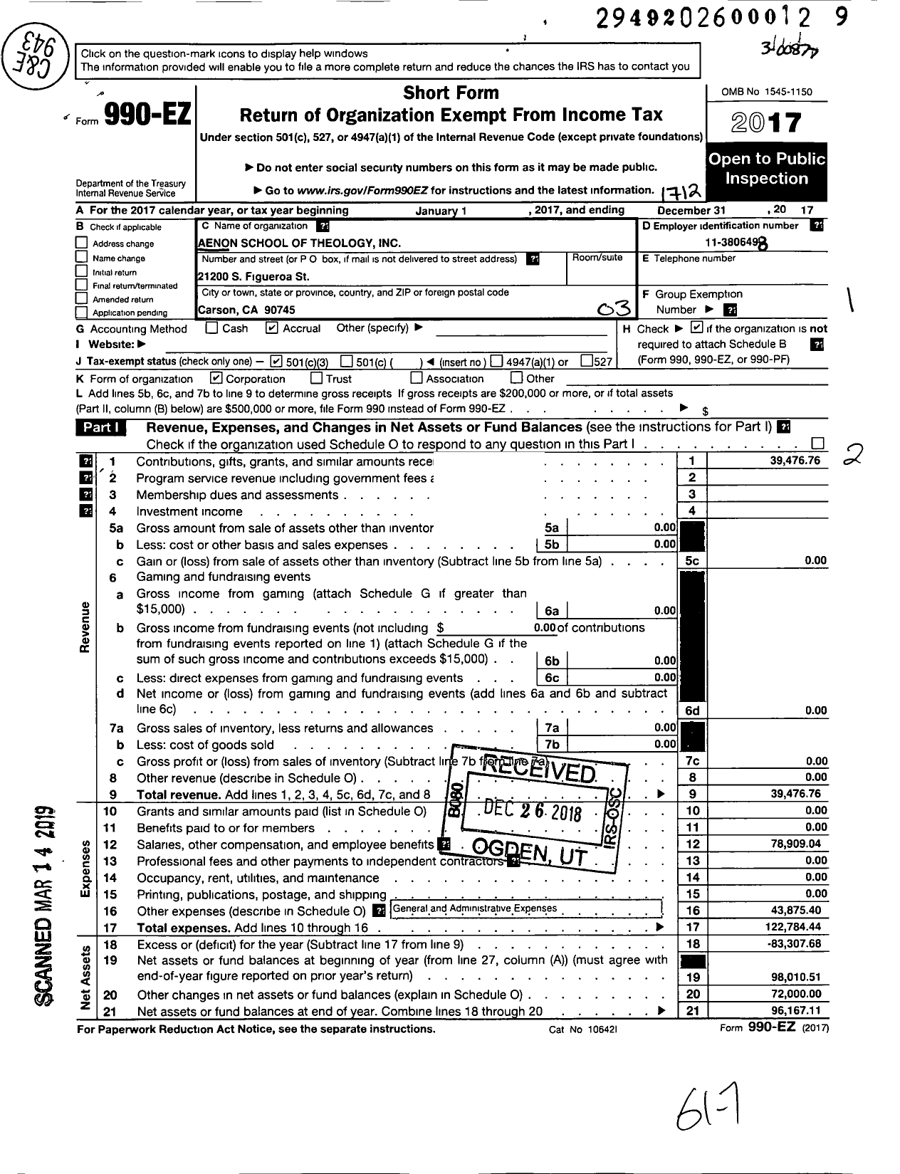 Image of first page of 2017 Form 990EZ for Aenon School of Theology