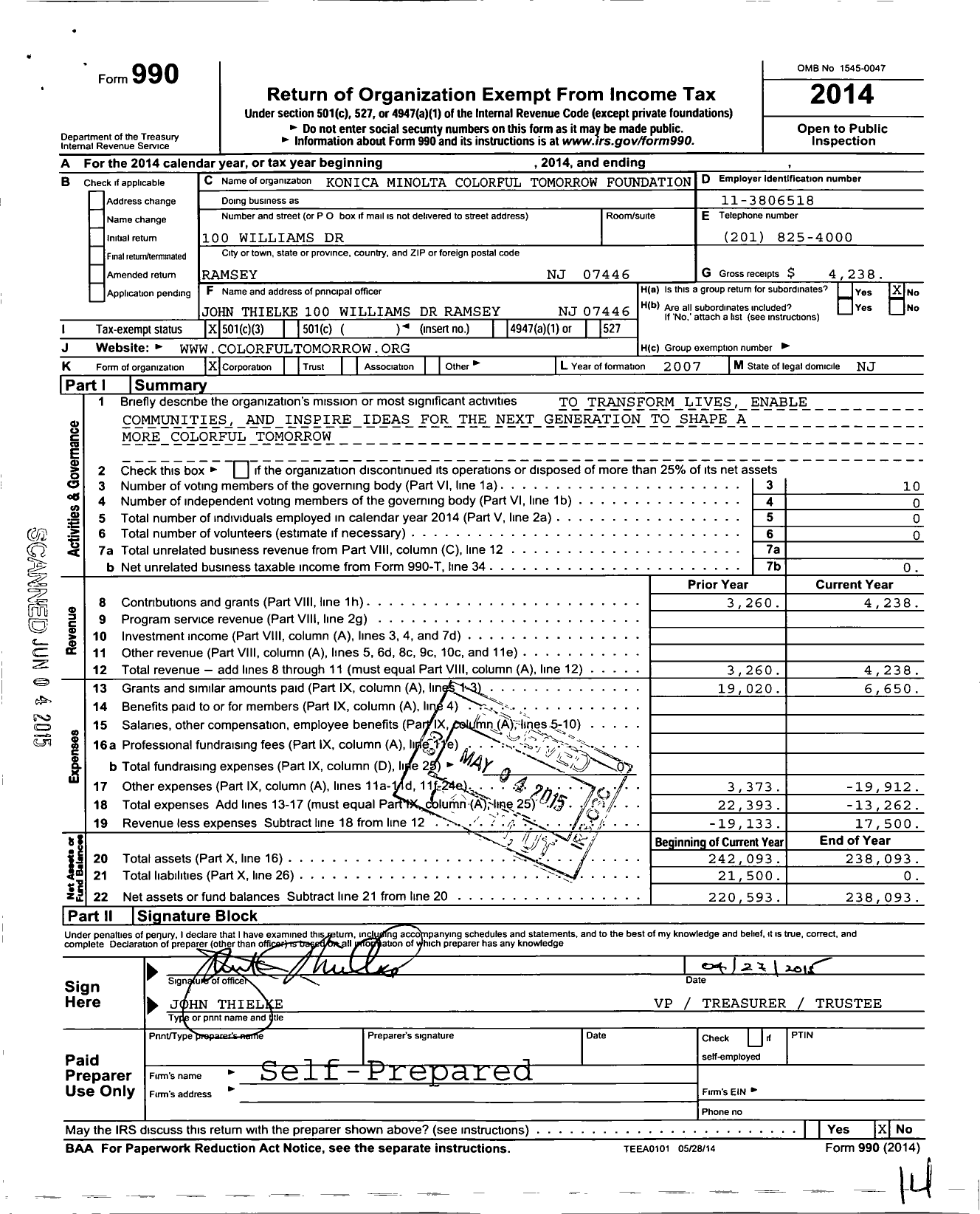 Image of first page of 2014 Form 990 for Konica Minolta Colorful Tomorrow Foundation