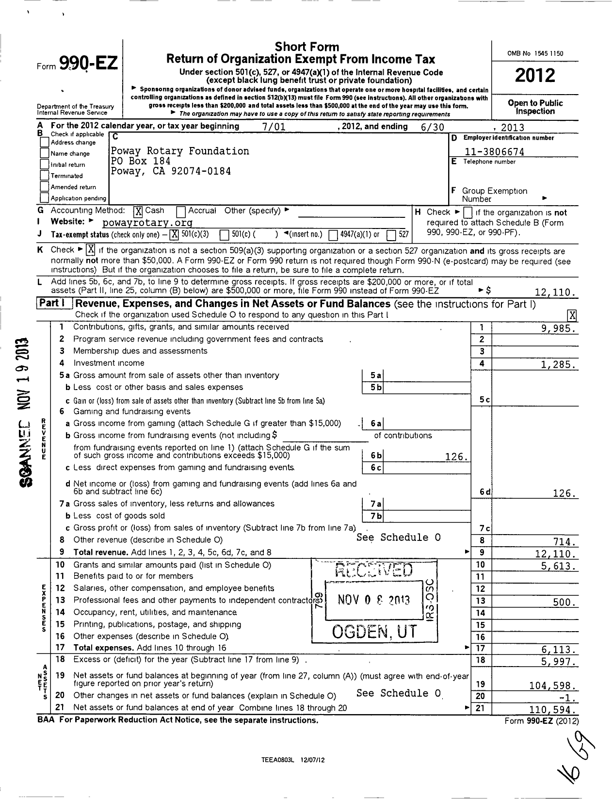 Image of first page of 2012 Form 990EZ for Poway Rotary Foundation