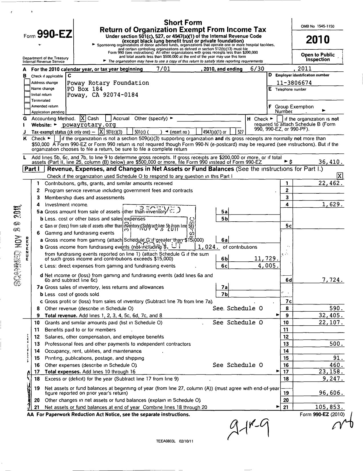 Image of first page of 2010 Form 990EZ for Poway Rotary Foundation