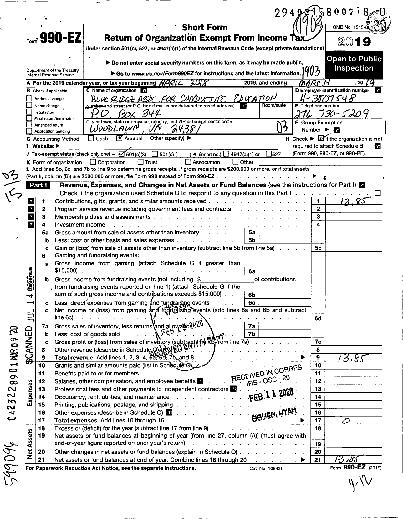 Image of first page of 2018 Form 990EZ for Blue Ridge Association for Conductive Education