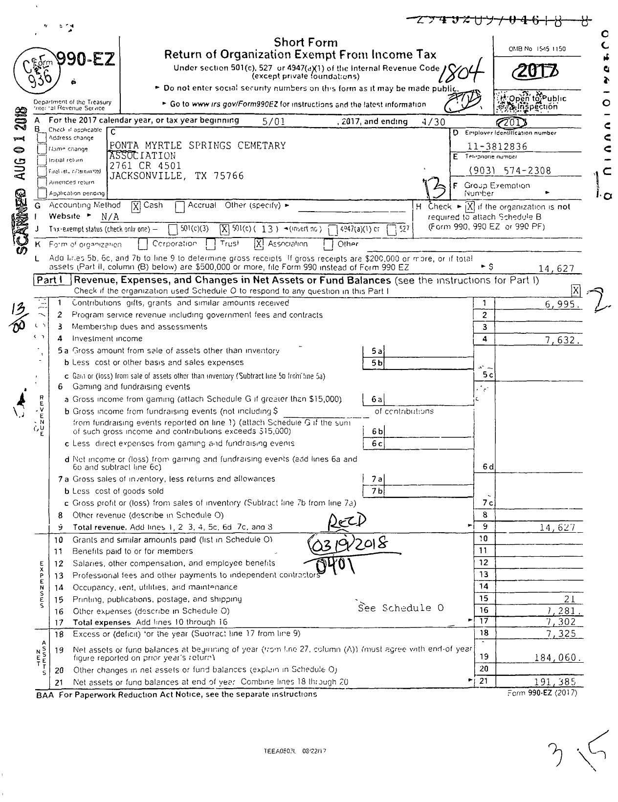 Image of first page of 2017 Form 990EO for Ponta Myrtle Springs Cemetery Association