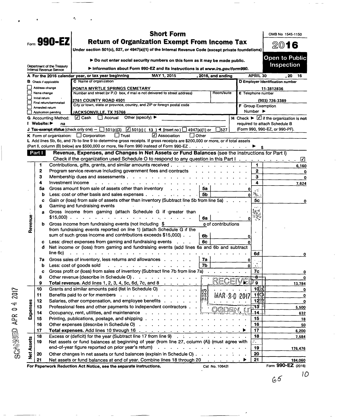 Image of first page of 2015 Form 990EO for Ponta Myrtle Springs Cemetery Association