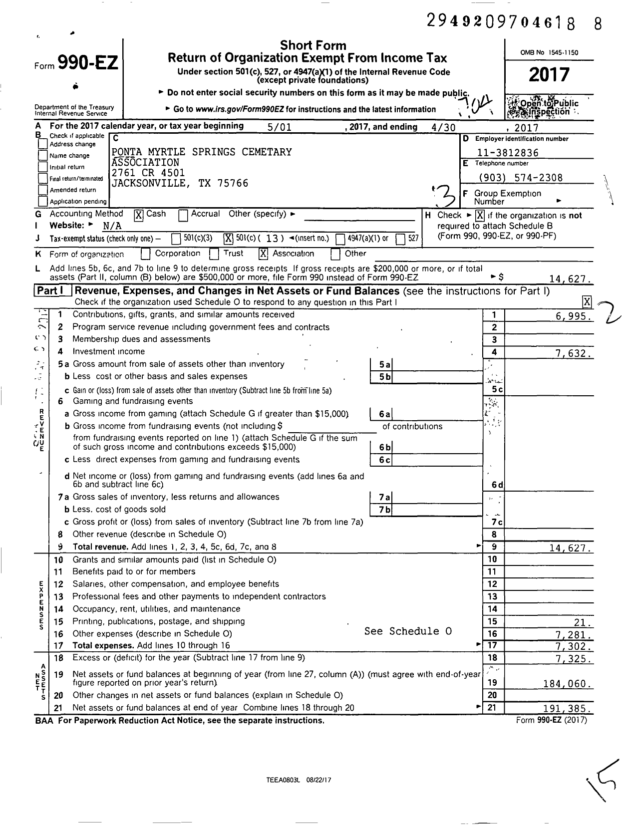 Image of first page of 2016 Form 990EO for Ponta Myrtle Springs Cemetery Association