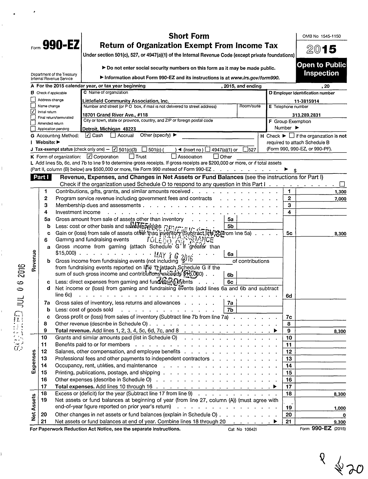 Image of first page of 2015 Form 990EZ for Littlefield Community Association