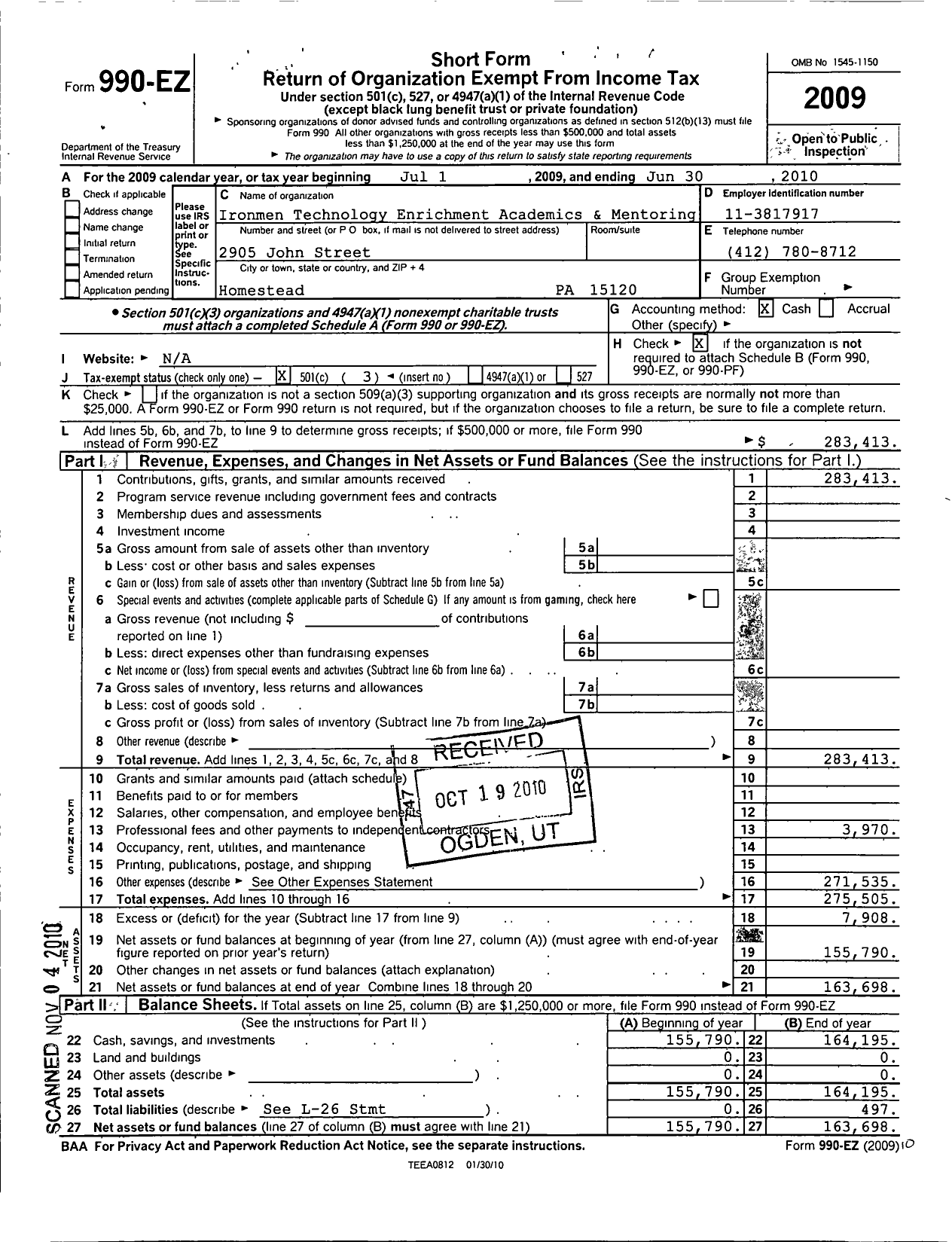 Image of first page of 2009 Form 990EZ for Ironmen Technology Enrichment Academics and Mentoring