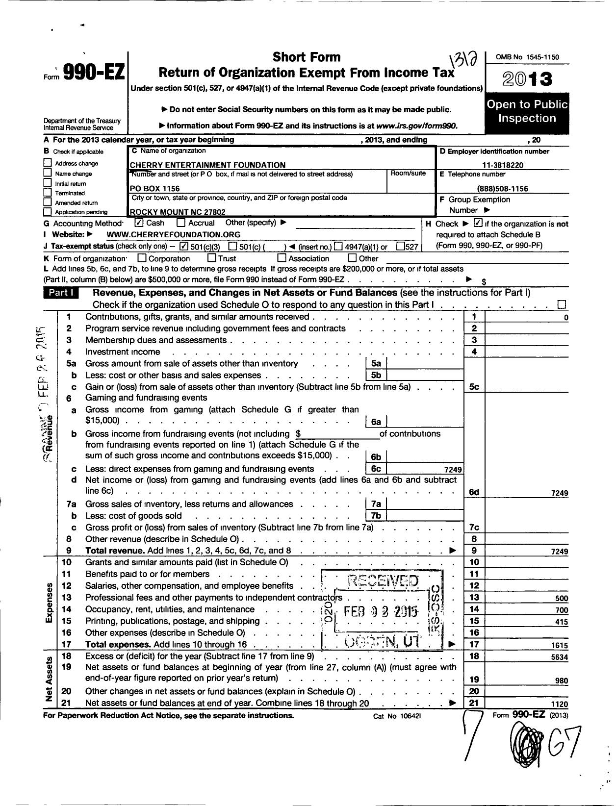 Image of first page of 2013 Form 990EZ for Cherrys Entertainment