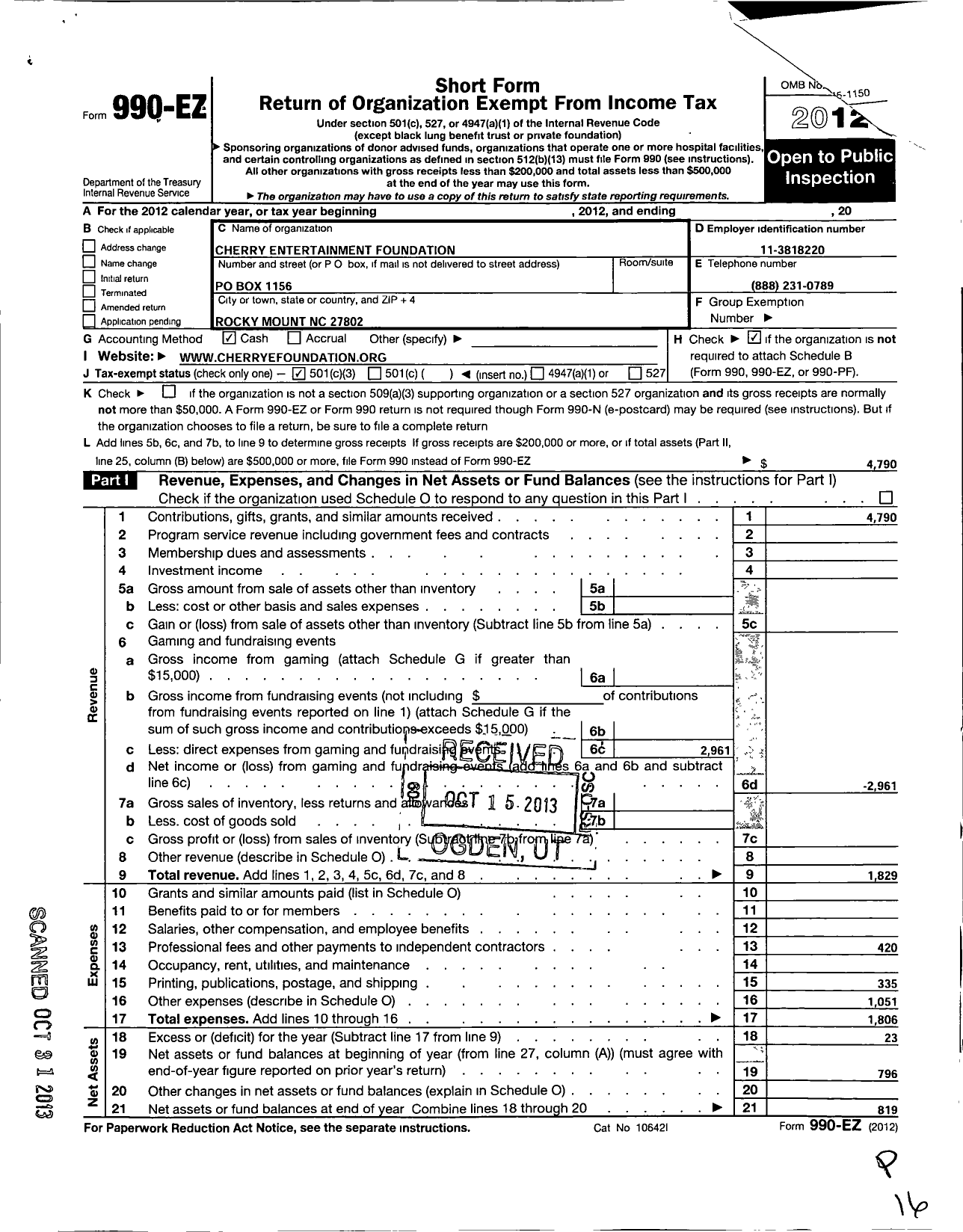 Image of first page of 2012 Form 990EZ for Cherrys Entertainment