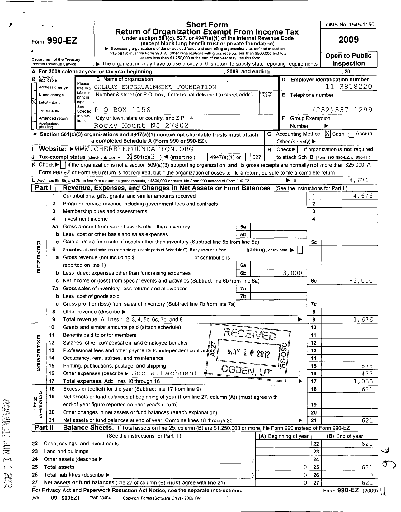 Image of first page of 2009 Form 990EZ for Cherrys Entertainment