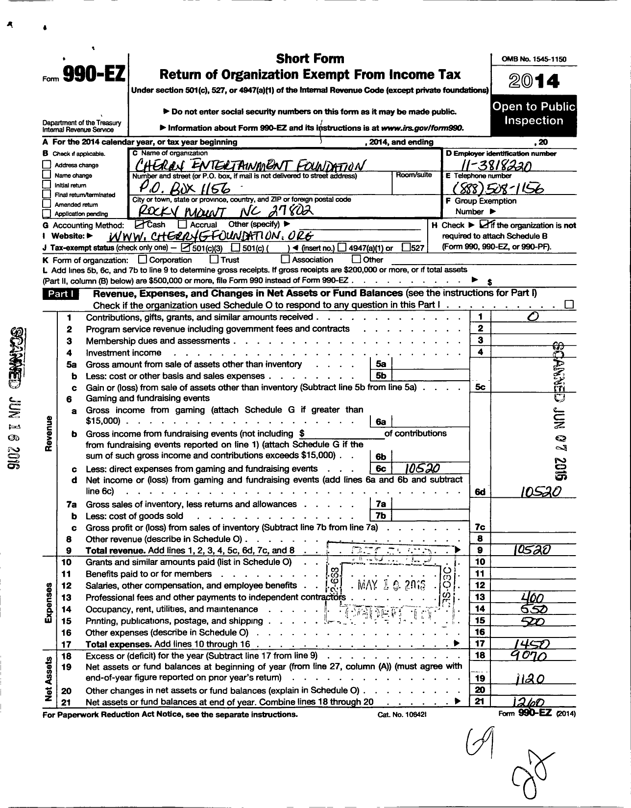 Image of first page of 2014 Form 990EZ for Cherrys Entertainment