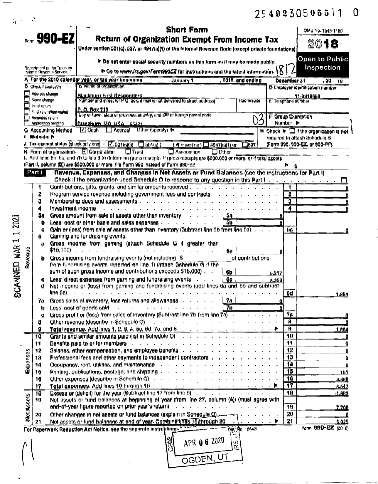 Image of first page of 2018 Form 990EZ for Blackburn First Responders