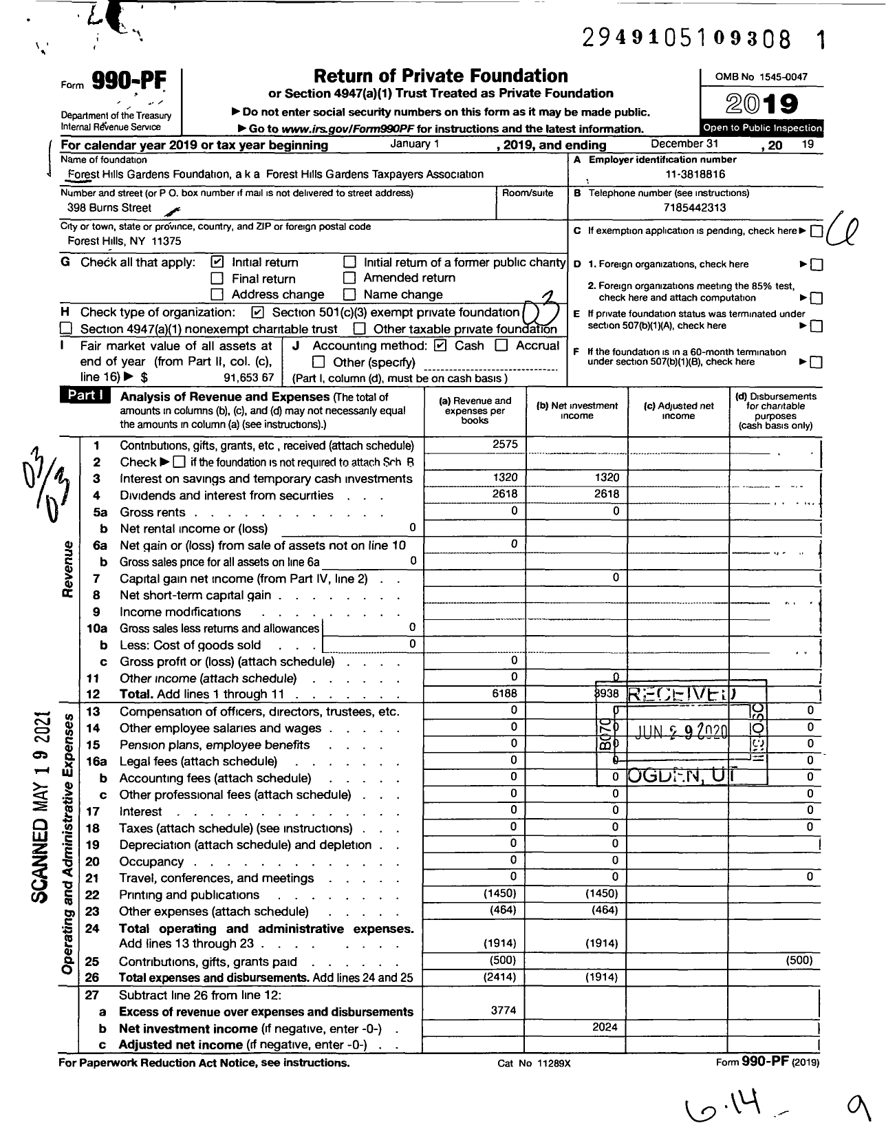 Image of first page of 2019 Form 990PF for Forest Hills Gardens Taxpayers Assn