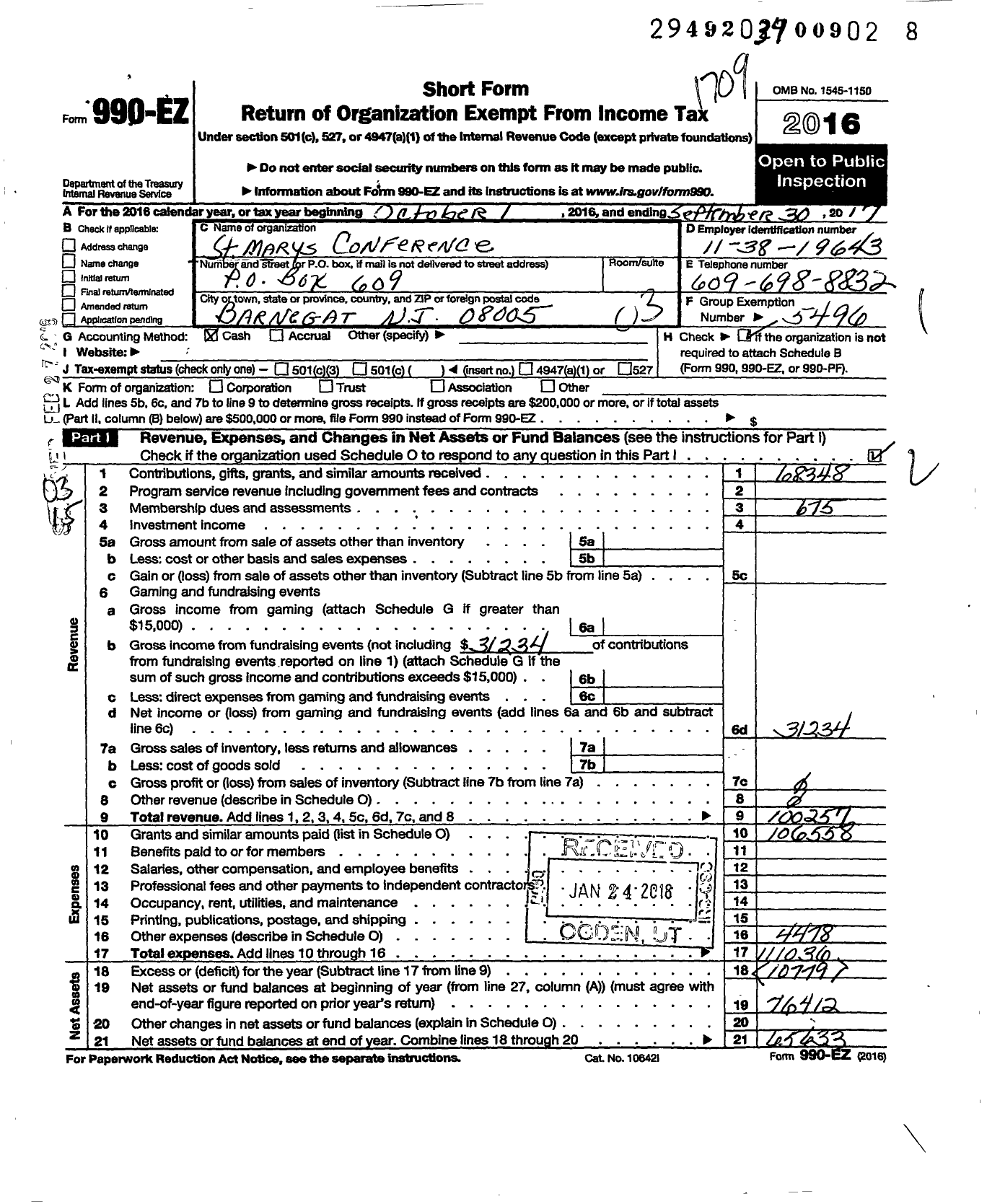 Image of first page of 2016 Form 990EZ for St Marys Conference