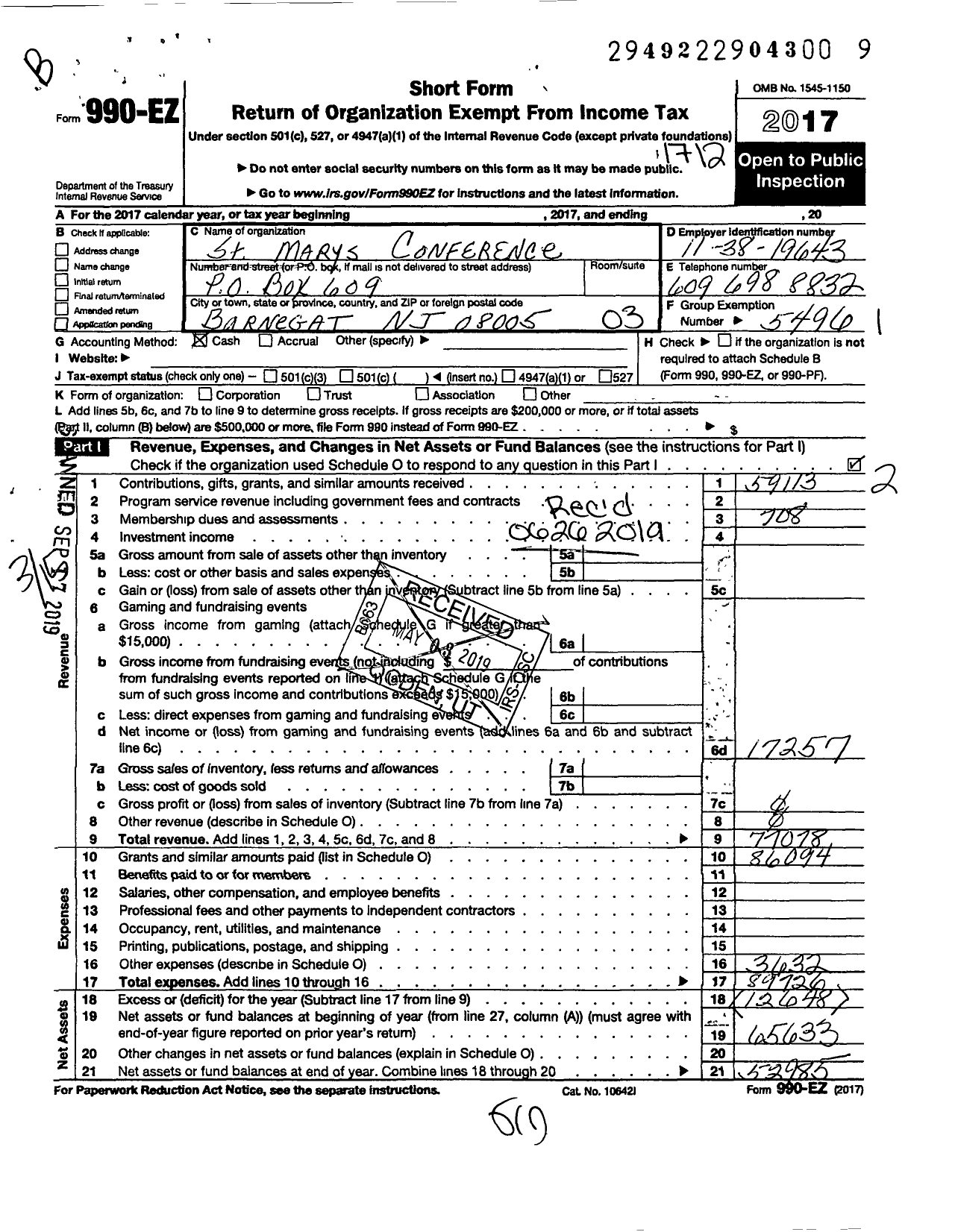 Image of first page of 2017 Form 990EZ for St Marys Conference