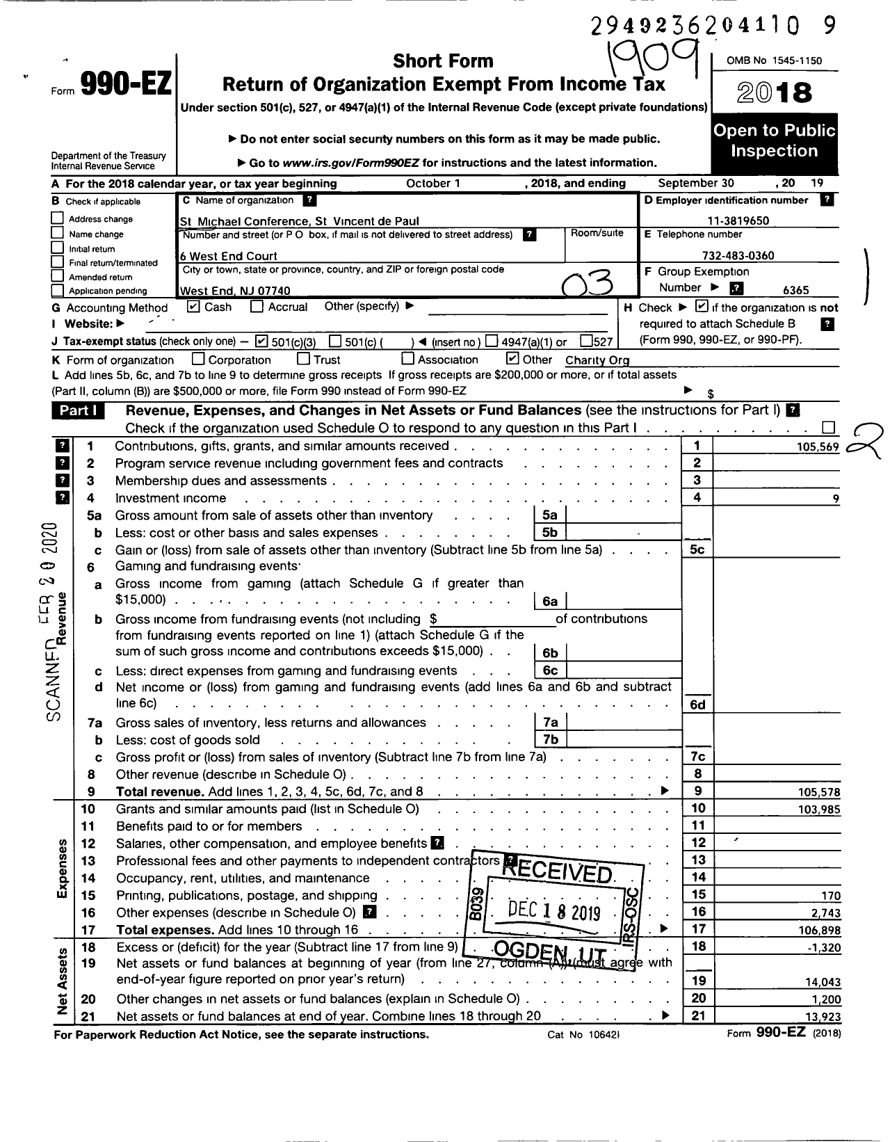 Image of first page of 2018 Form 990EZ for Trenton Diocesan Council St Vincent Depaul Society / St Michael Conference