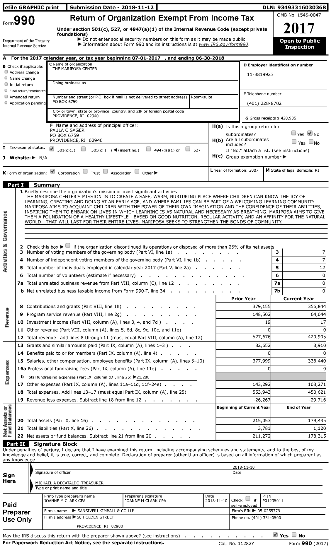 Image of first page of 2017 Form 990 for The Mariposa Center