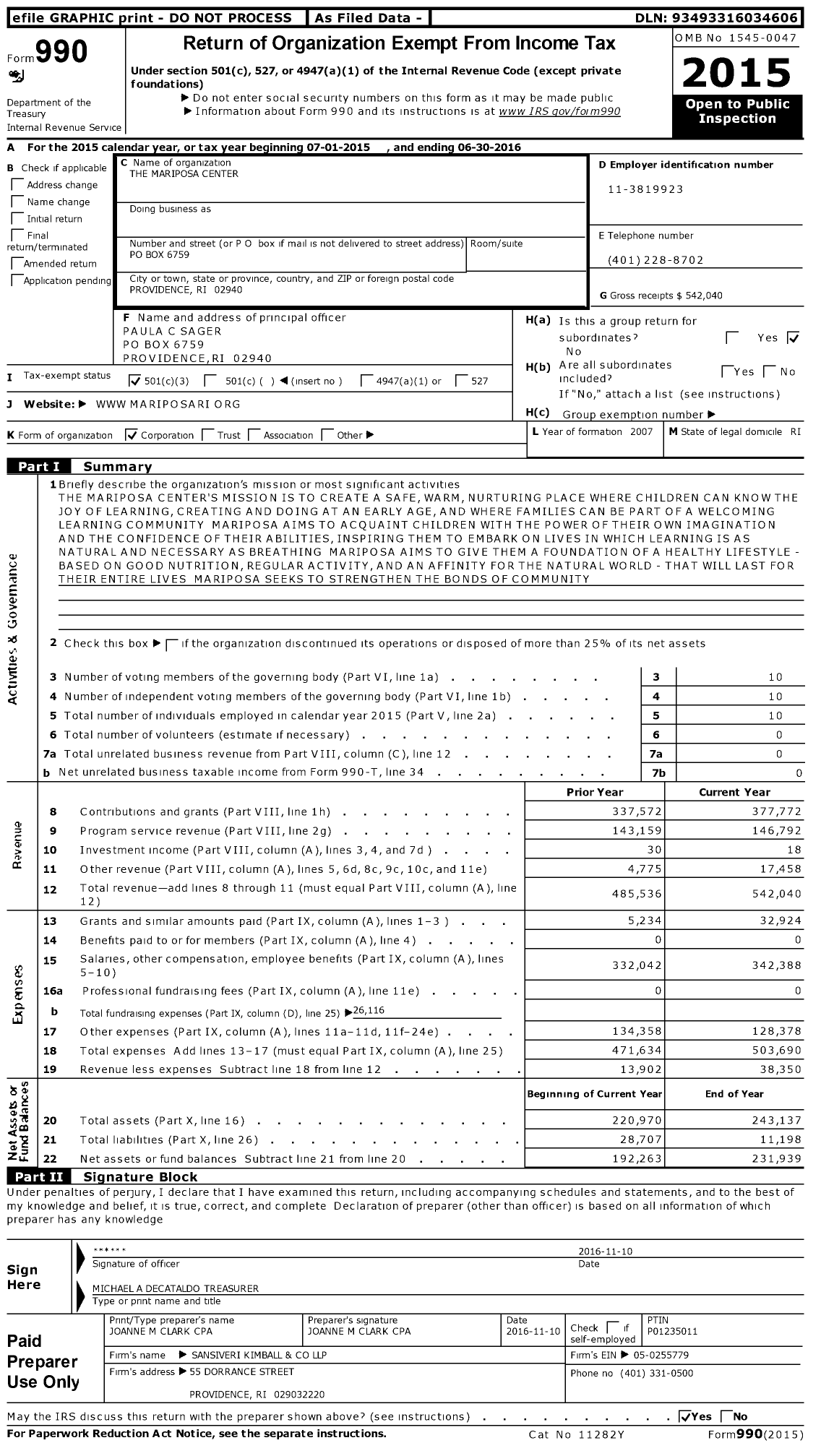 Image of first page of 2015 Form 990 for The Mariposa Center